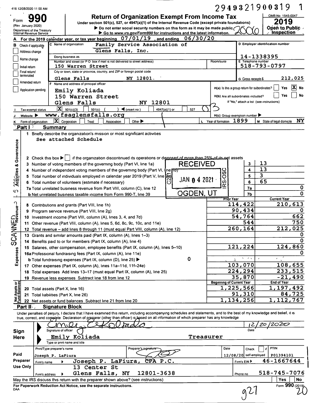 Image of first page of 2019 Form 990 for Family Service Association of Glens Falls