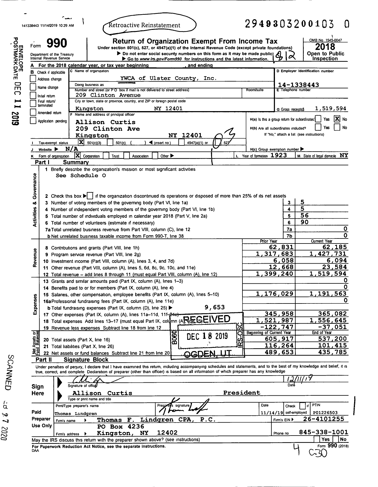 Image of first page of 2018 Form 990 for The Young Women's Christian Association of Ulster County