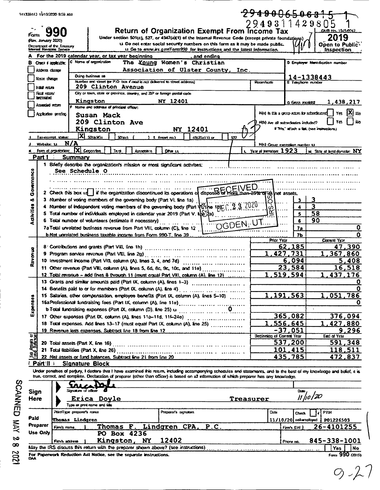 Image of first page of 2019 Form 990 for The Young Women's Christian Association of Ulster County