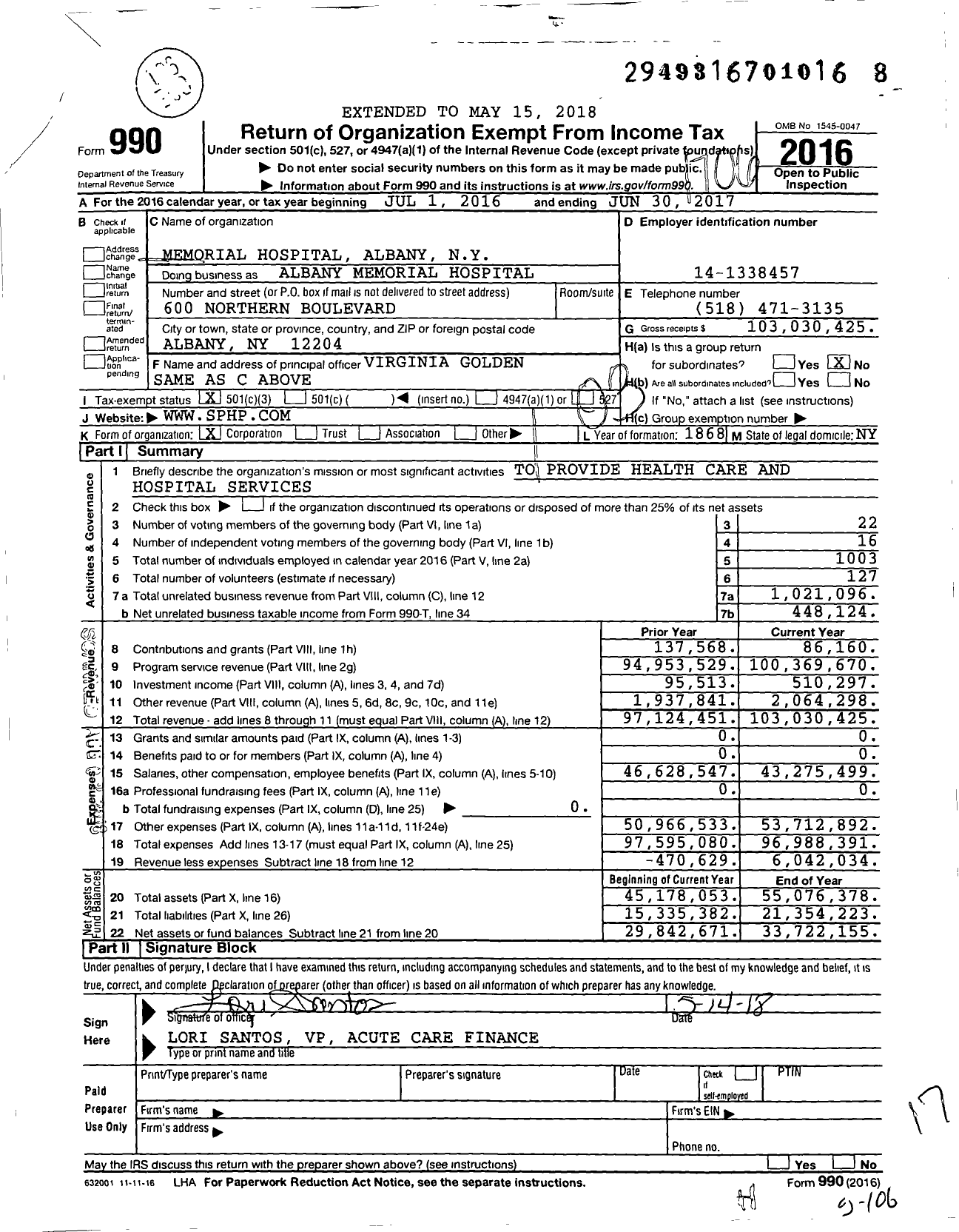 Image of first page of 2016 Form 990 for Albany Memorial Hospital