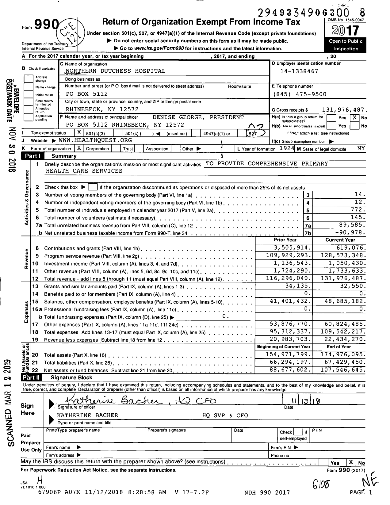 Image of first page of 2017 Form 990 for Northern Dutchess Hospital (NDH)