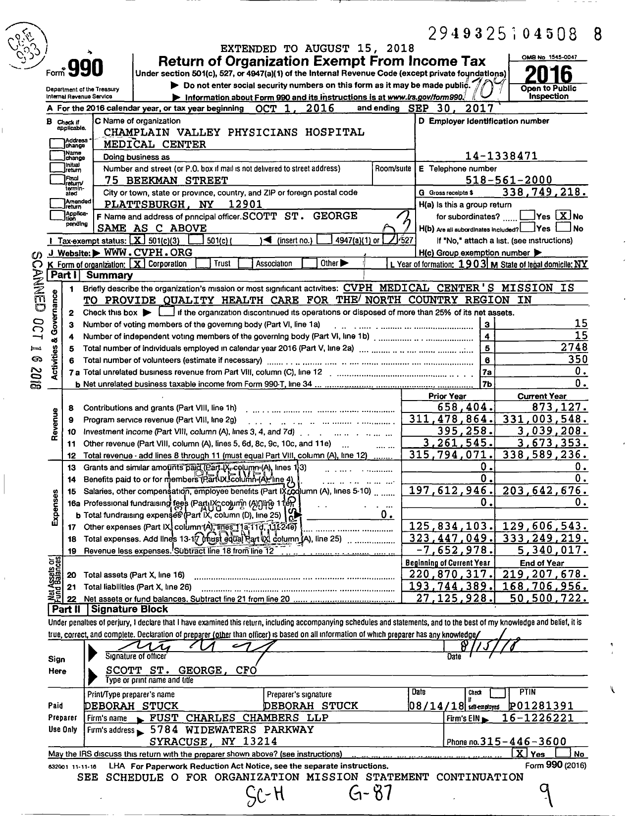 Image of first page of 2016 Form 990 for Champlain Valley Physicians Hospital (CVPH)