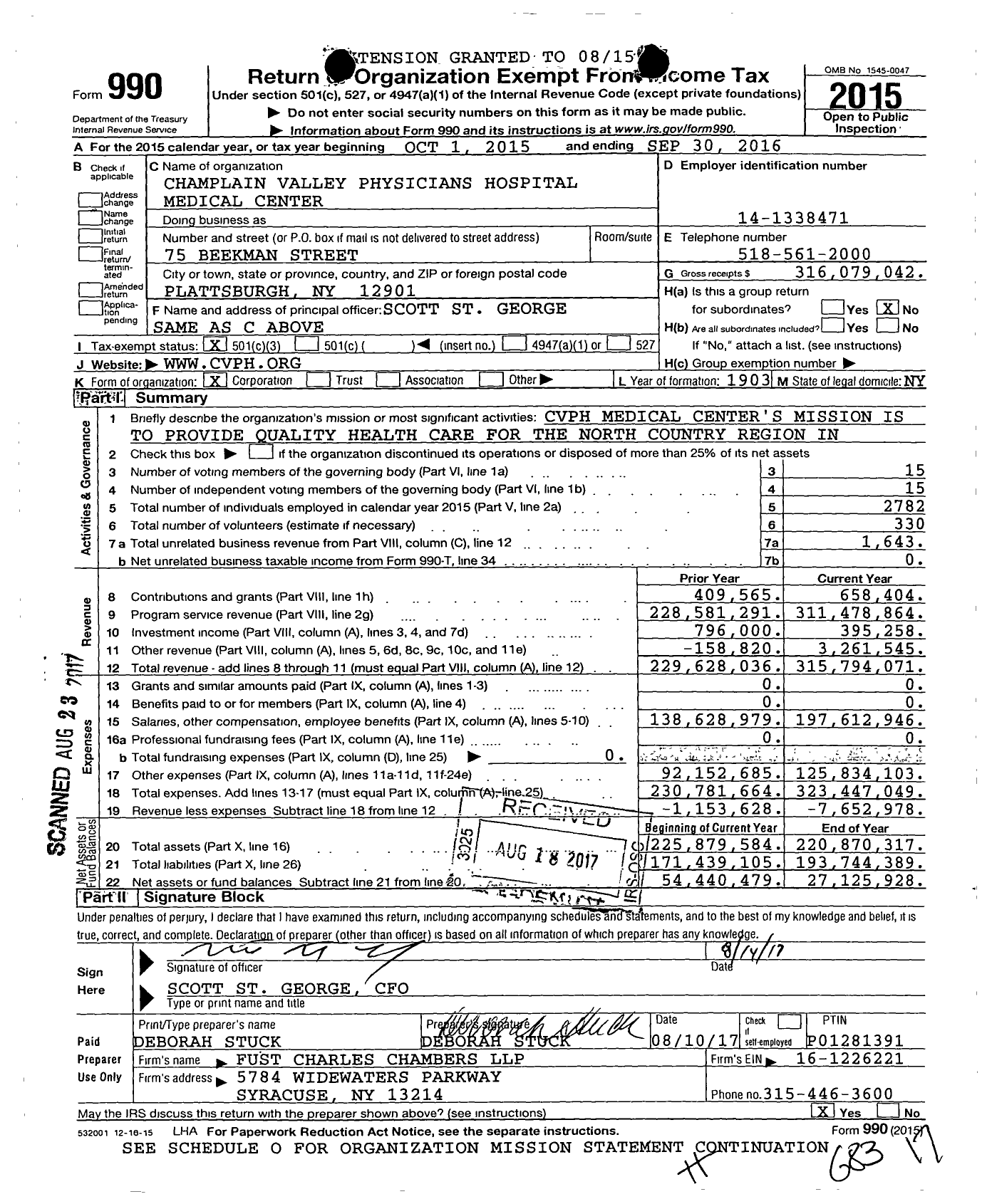 Image of first page of 2015 Form 990 for Champlain Valley Physicians Hospital (CVPH)