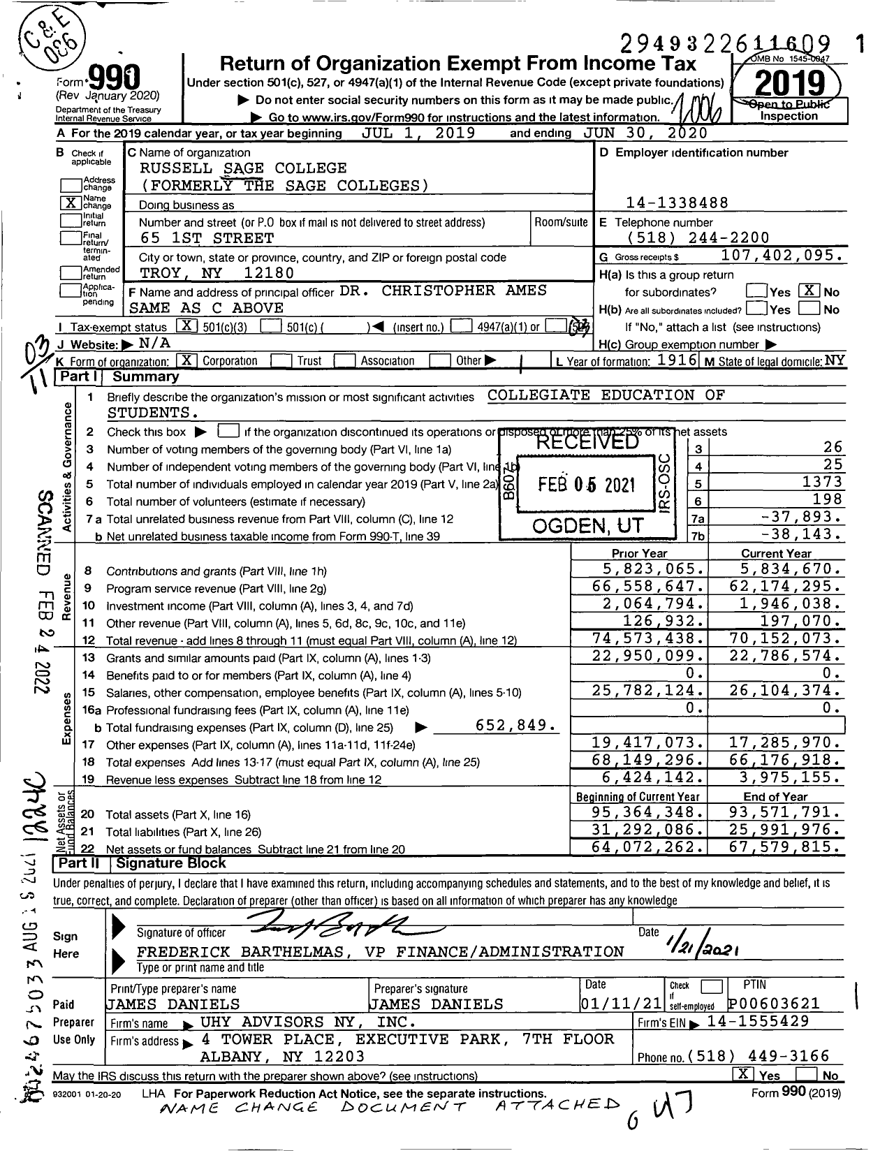 Image of first page of 2019 Form 990 for Russell Sage Colleges