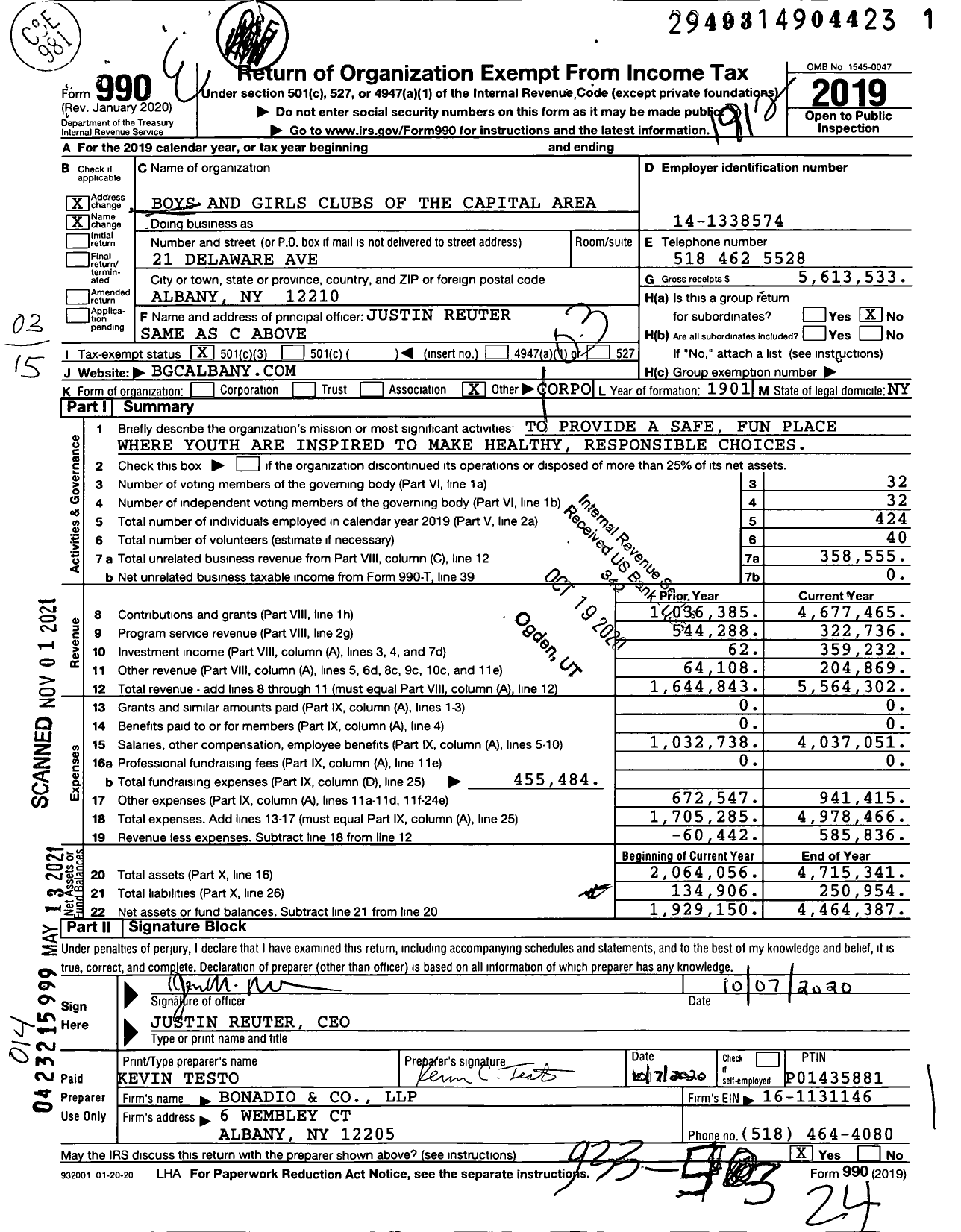 Image of first page of 2019 Form 990 for Boys and Girls Clubs of the Capital Area