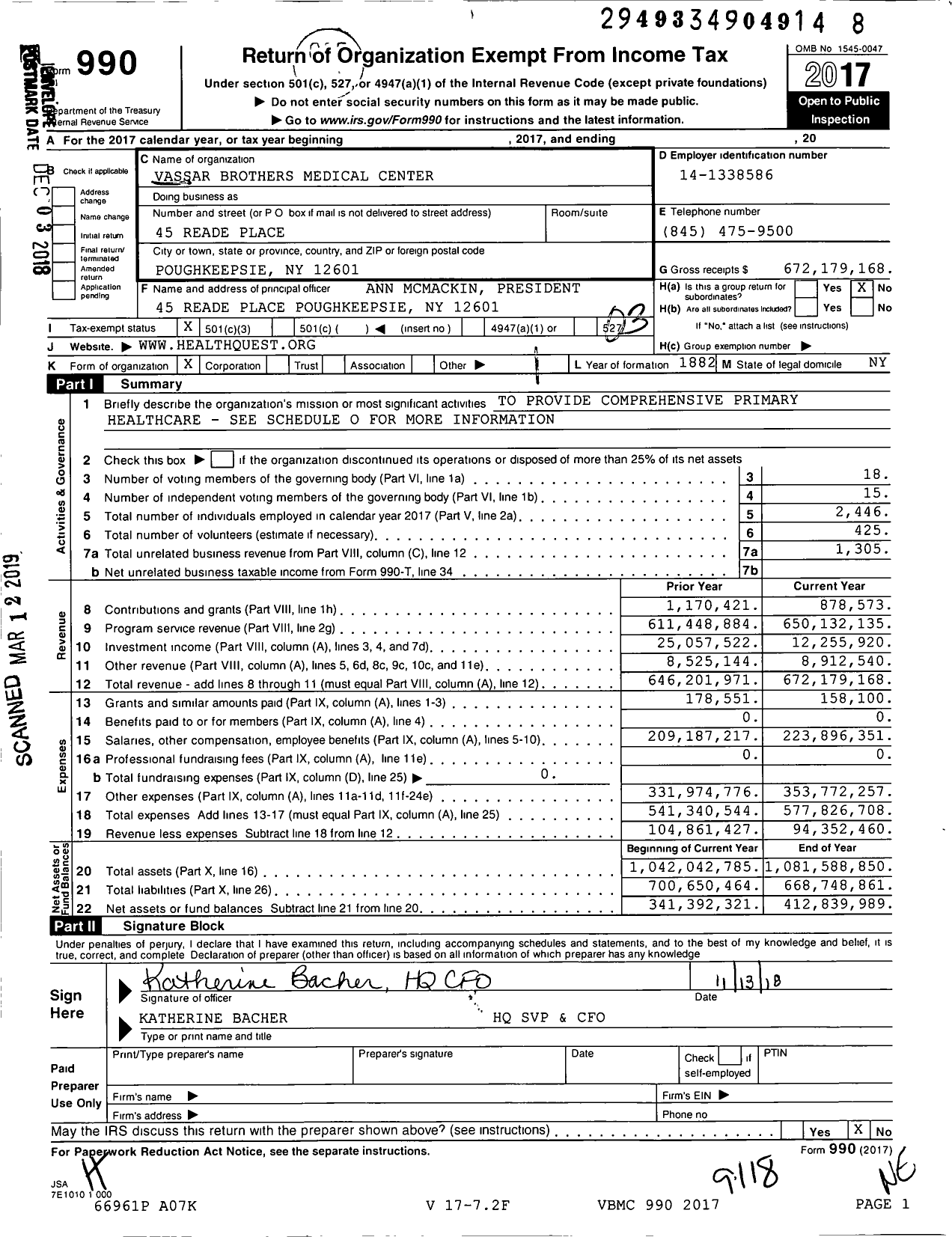 Image of first page of 2017 Form 990 for Vassar Brothers Medical Center