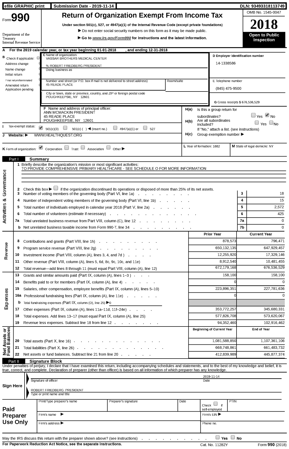 Image of first page of 2018 Form 990 for Vassar Brothers Medical Center