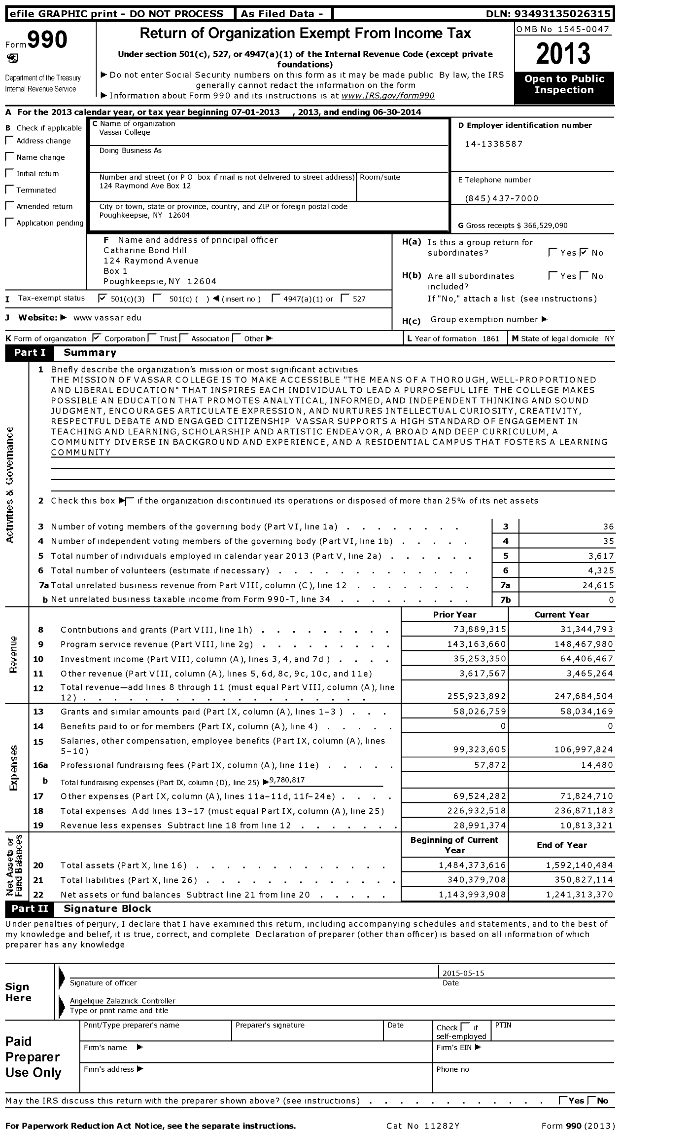 Image of first page of 2013 Form 990 for Vassar College