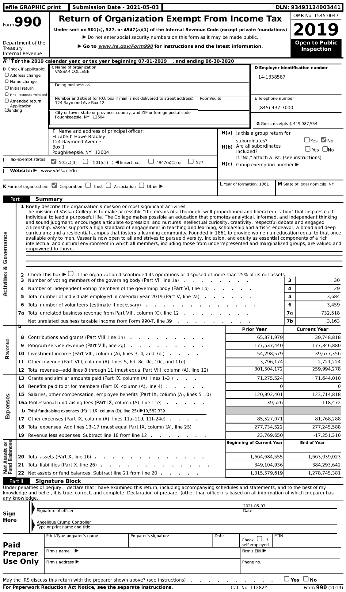 Image of first page of 2019 Form 990 for Vassar College