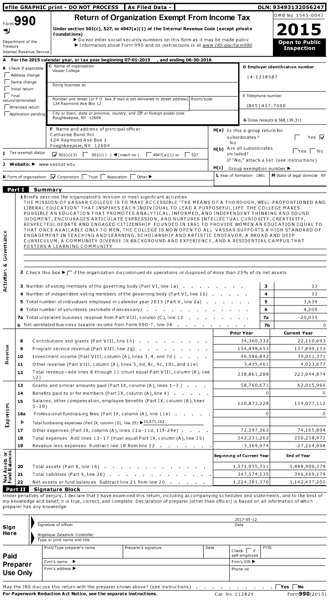 Image of first page of 2015 Form 990 for Vassar College
