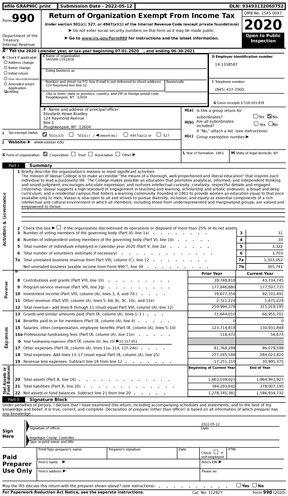 Image of first page of 2020 Form 990 for Vassar College