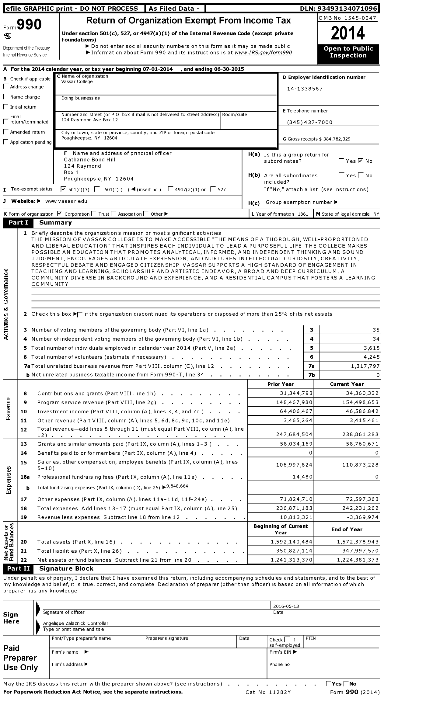 Image of first page of 2014 Form 990 for Vassar College