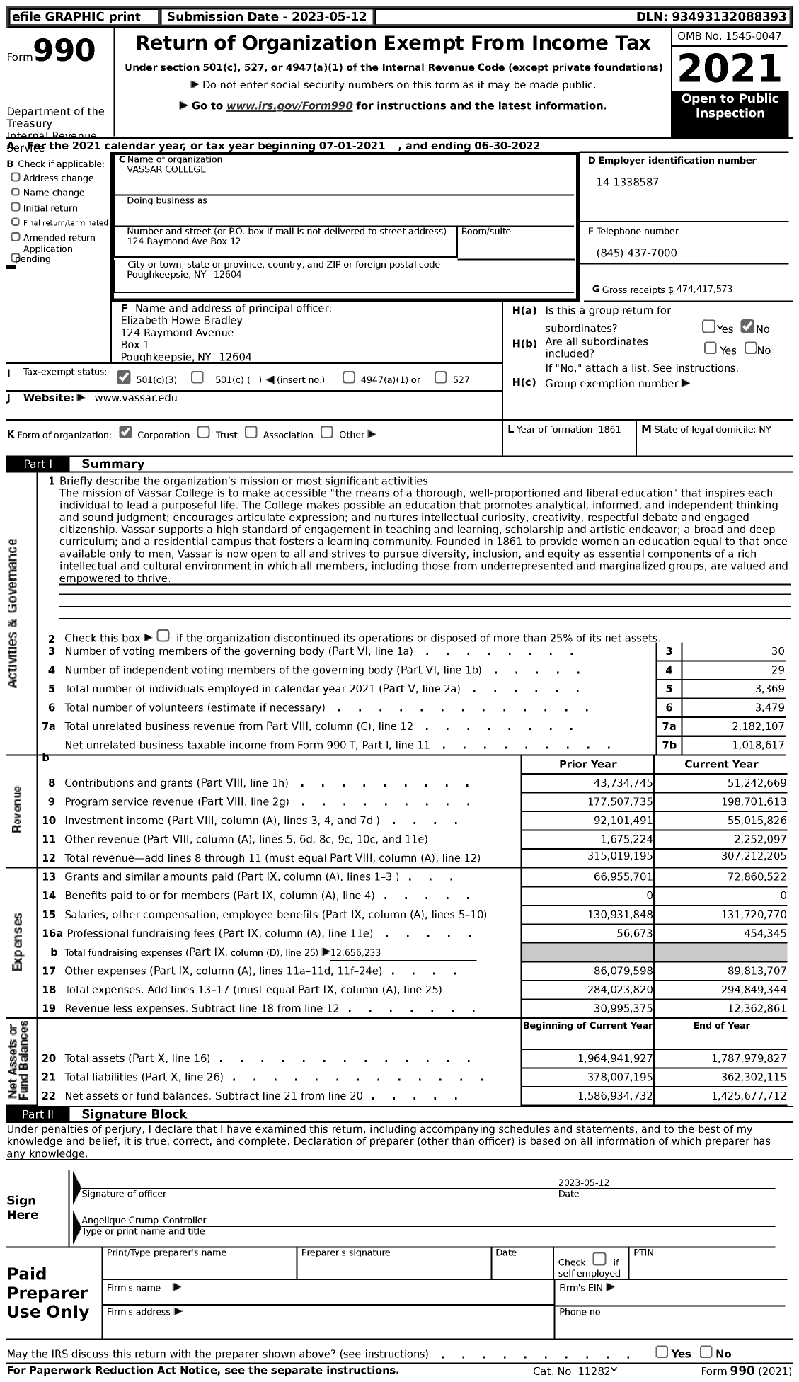 Image of first page of 2021 Form 990 for Vassar College