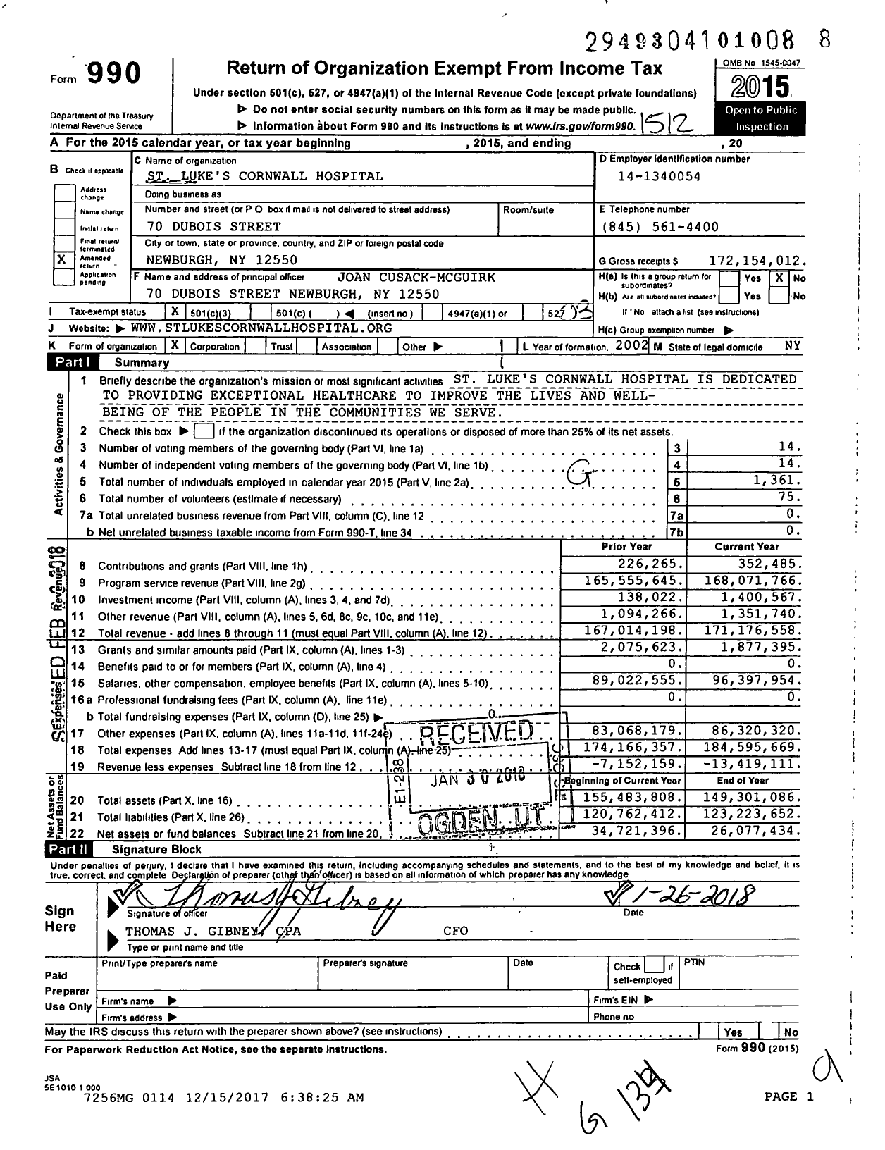 Image of first page of 2015 Form 990 for Montefiore St Luke's Cornwall Hospital (SLCH)