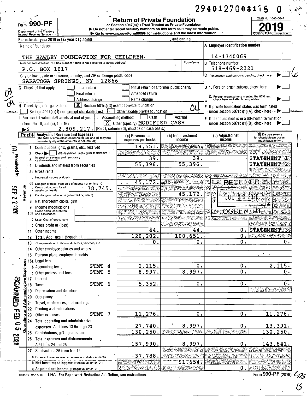 Image of first page of 2019 Form 990PF for The Hawley Foundation for Children