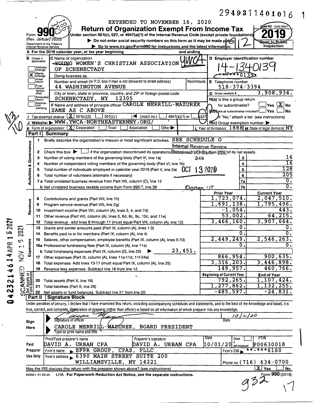 Image of first page of 2019 Form 990 for YWCA of Schenectady