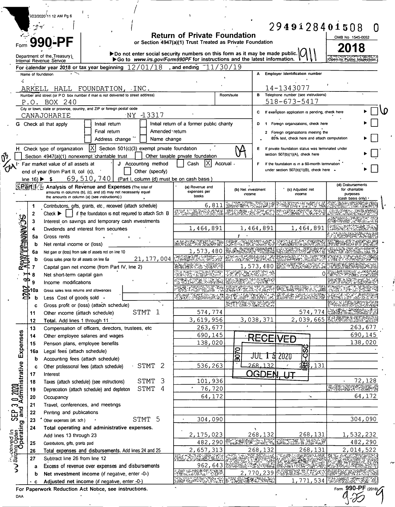 Image of first page of 2018 Form 990PF for Arkell Hall Foundation