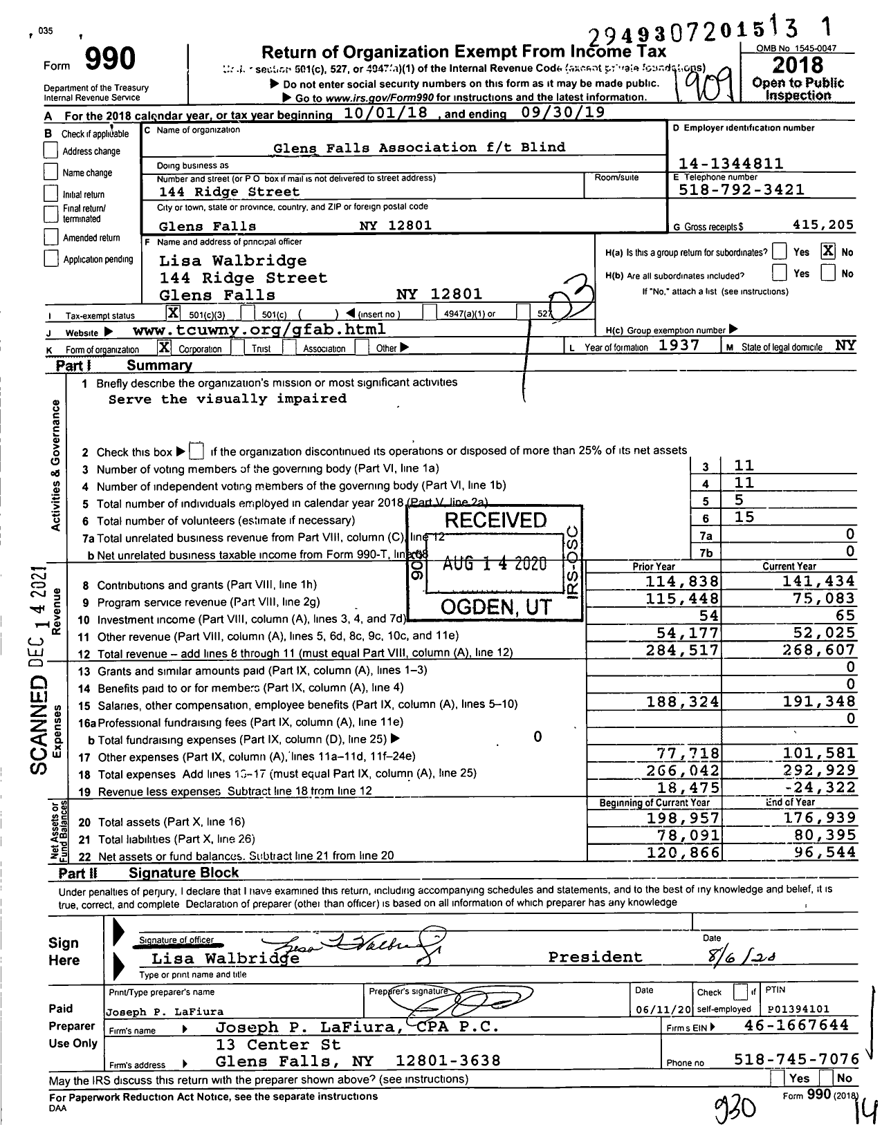 Image of first page of 2018 Form 990 for Glens Falls Association FT Blind