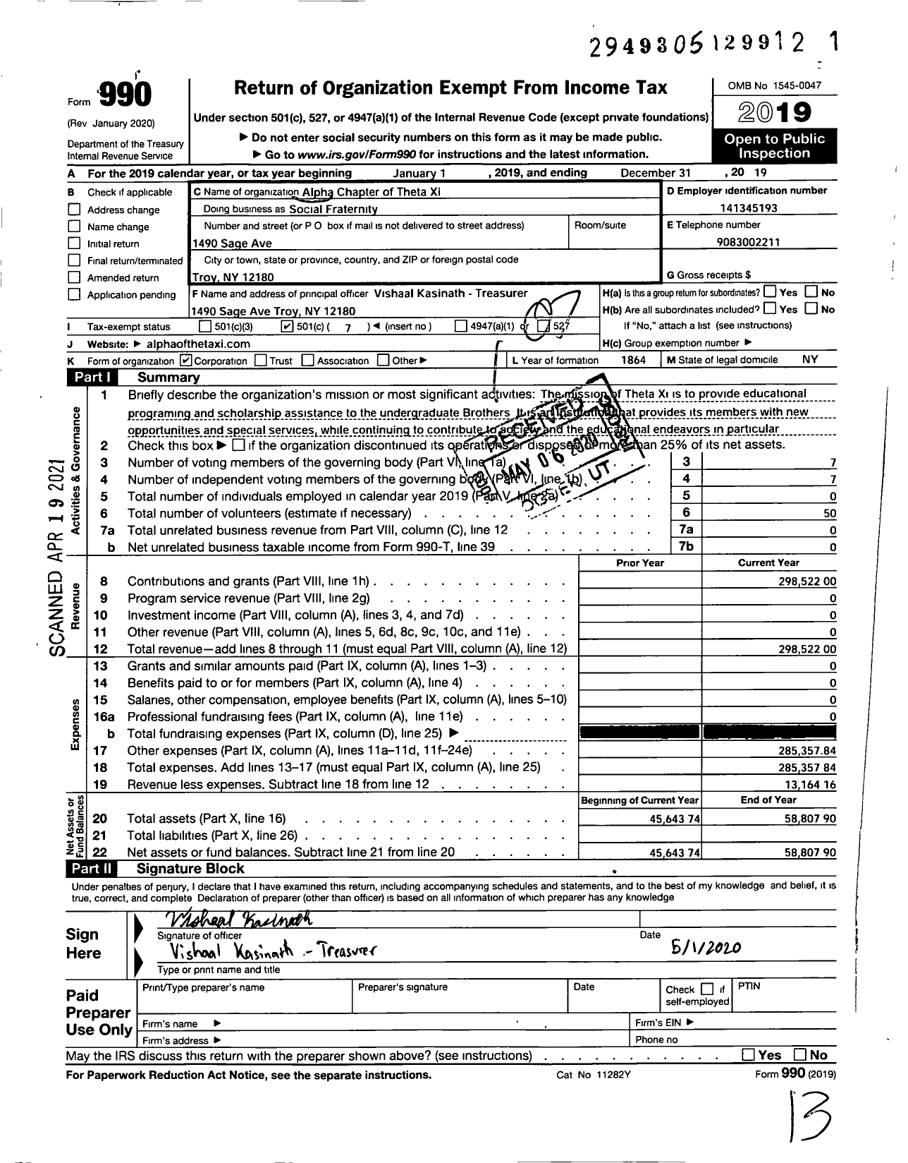 Image of first page of 2019 Form 990O for Social Fraternity