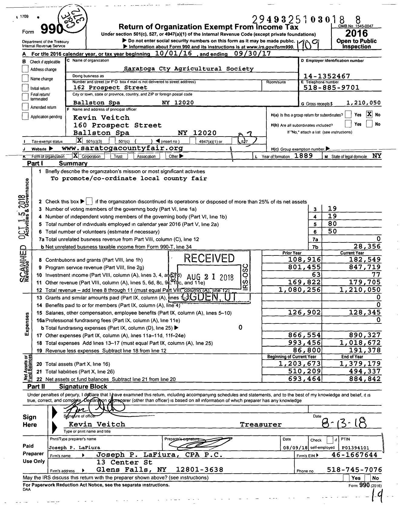 Image of first page of 2016 Form 990 for Saratoga Cty Agricultural Society