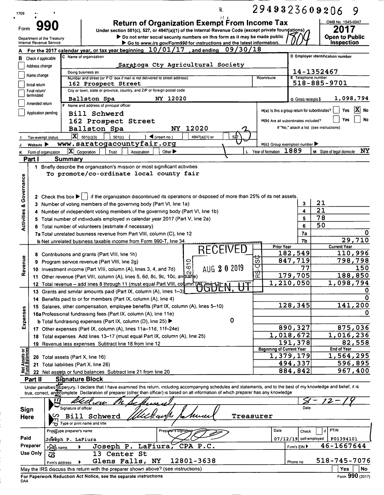 Image of first page of 2017 Form 990 for Saratoga Cty Agricultural Society