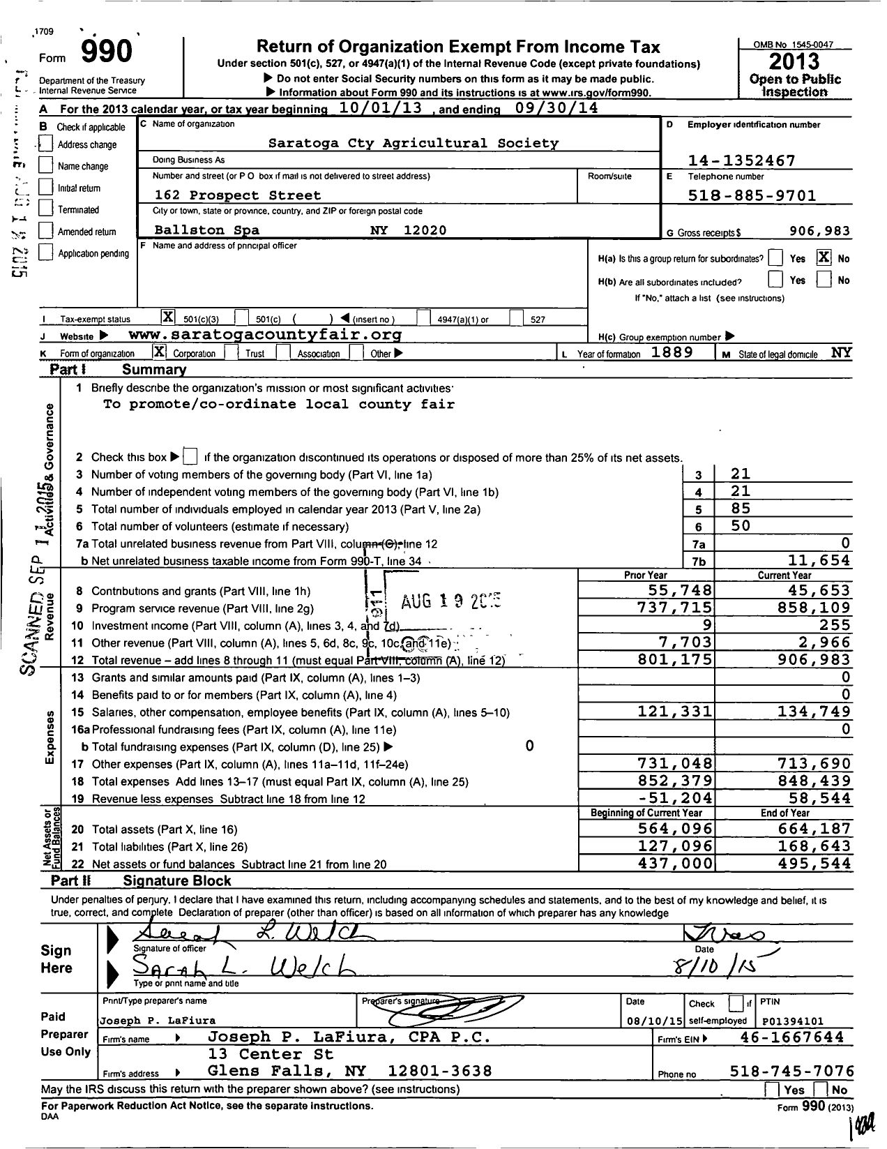 Image of first page of 2013 Form 990 for Saratoga Cty Agricultural Society