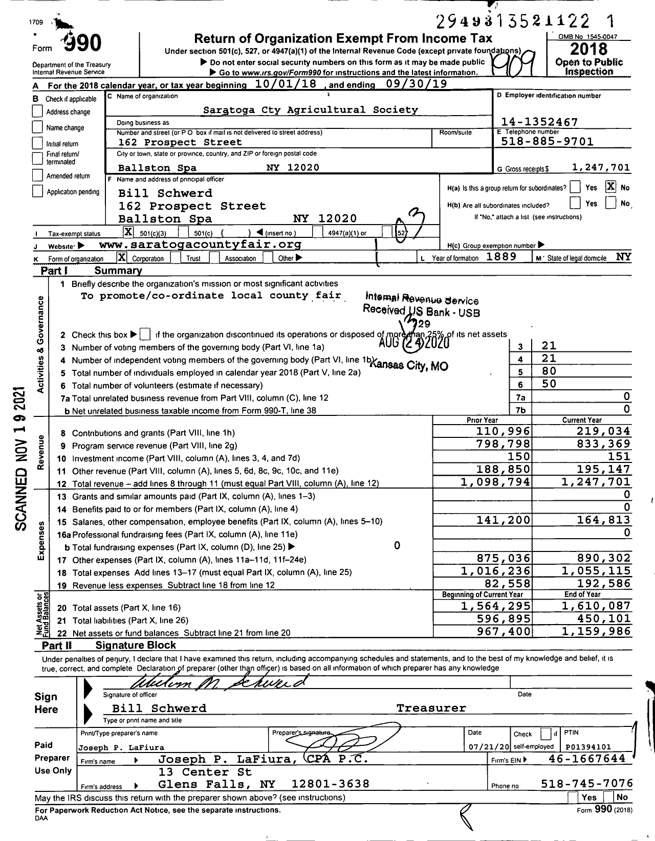 Image of first page of 2018 Form 990 for Saratoga Cty Agricultural Society