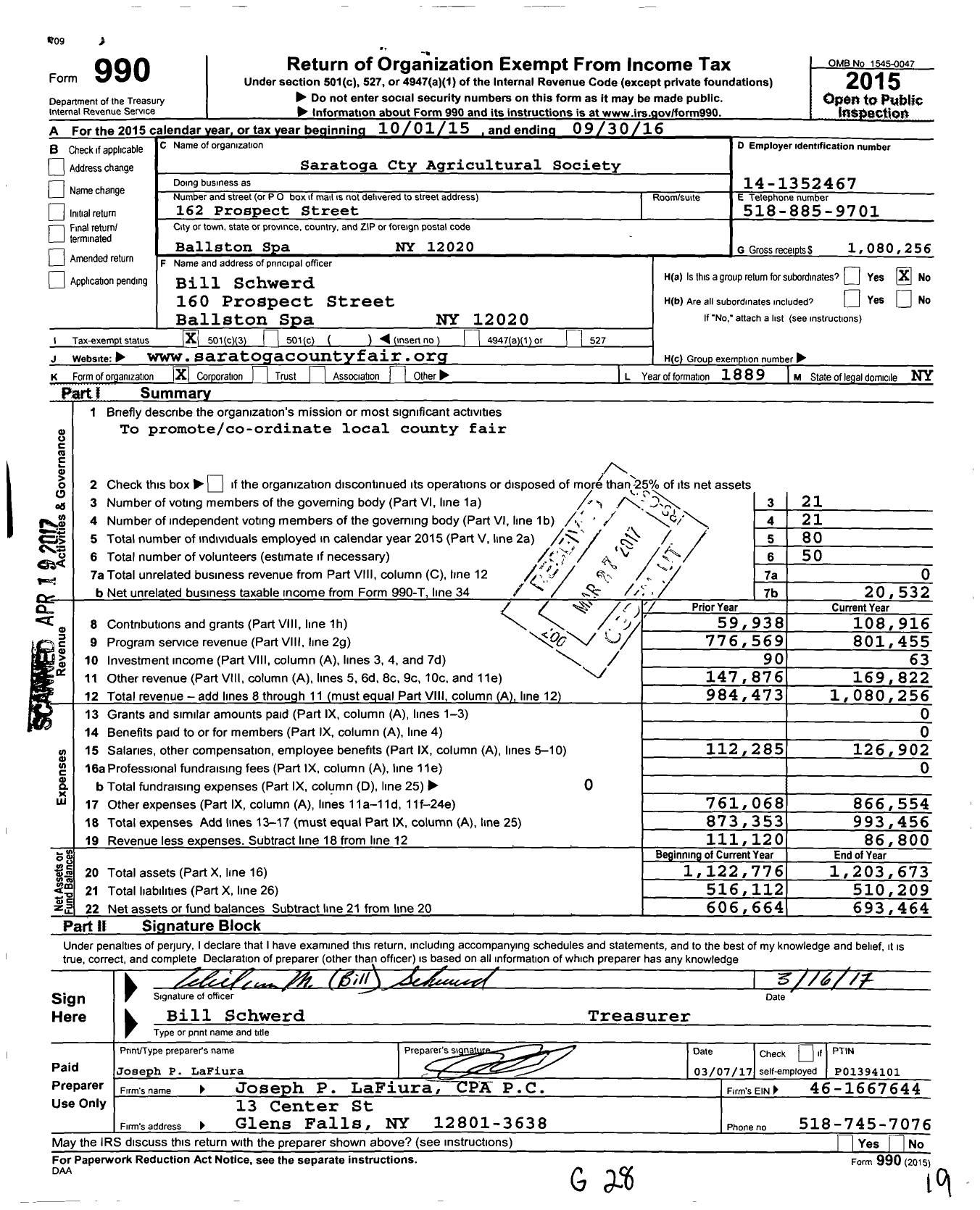 Image of first page of 2015 Form 990 for Saratoga Cty Agricultural Society