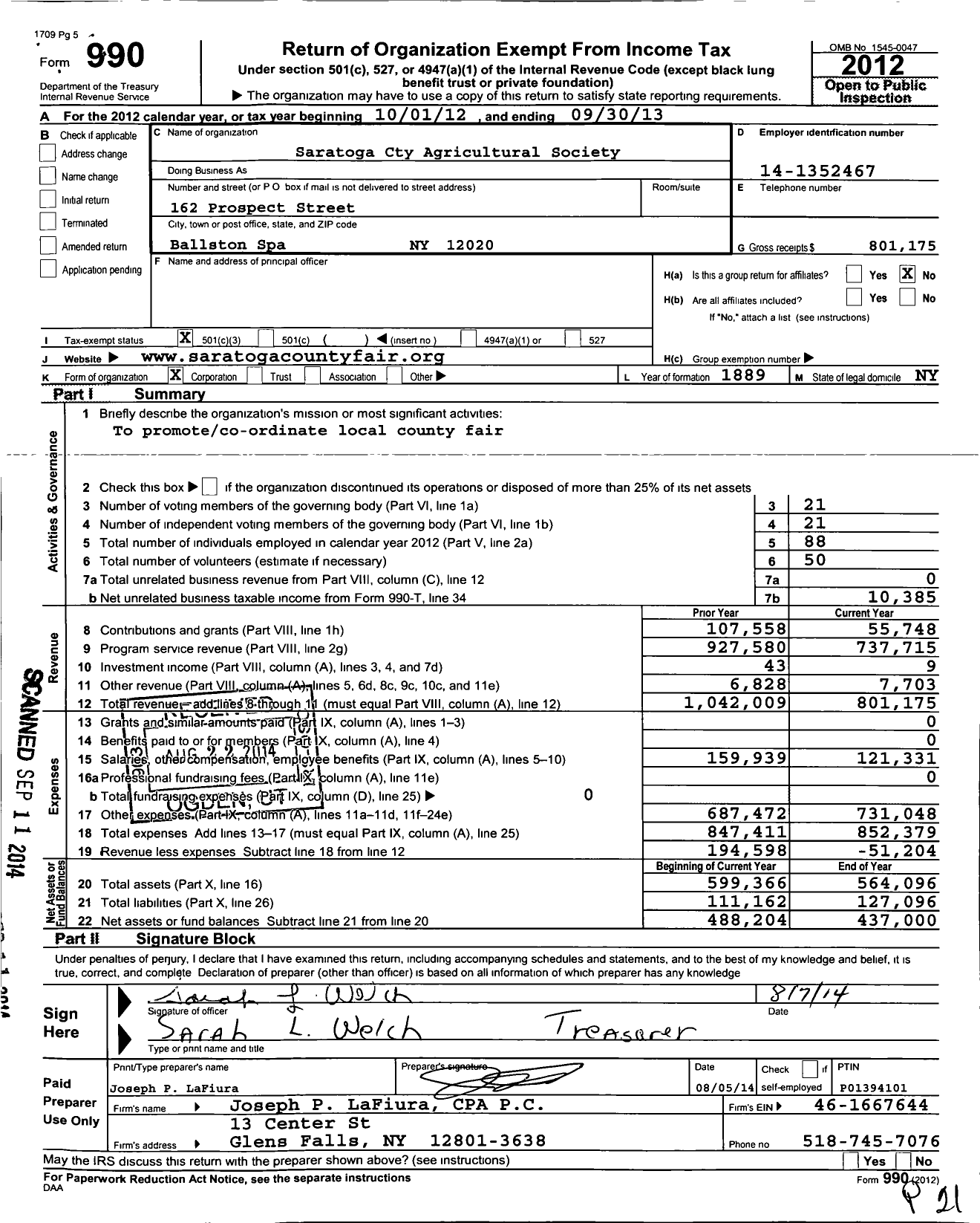 Image of first page of 2012 Form 990 for Saratoga Cty Agricultural Society