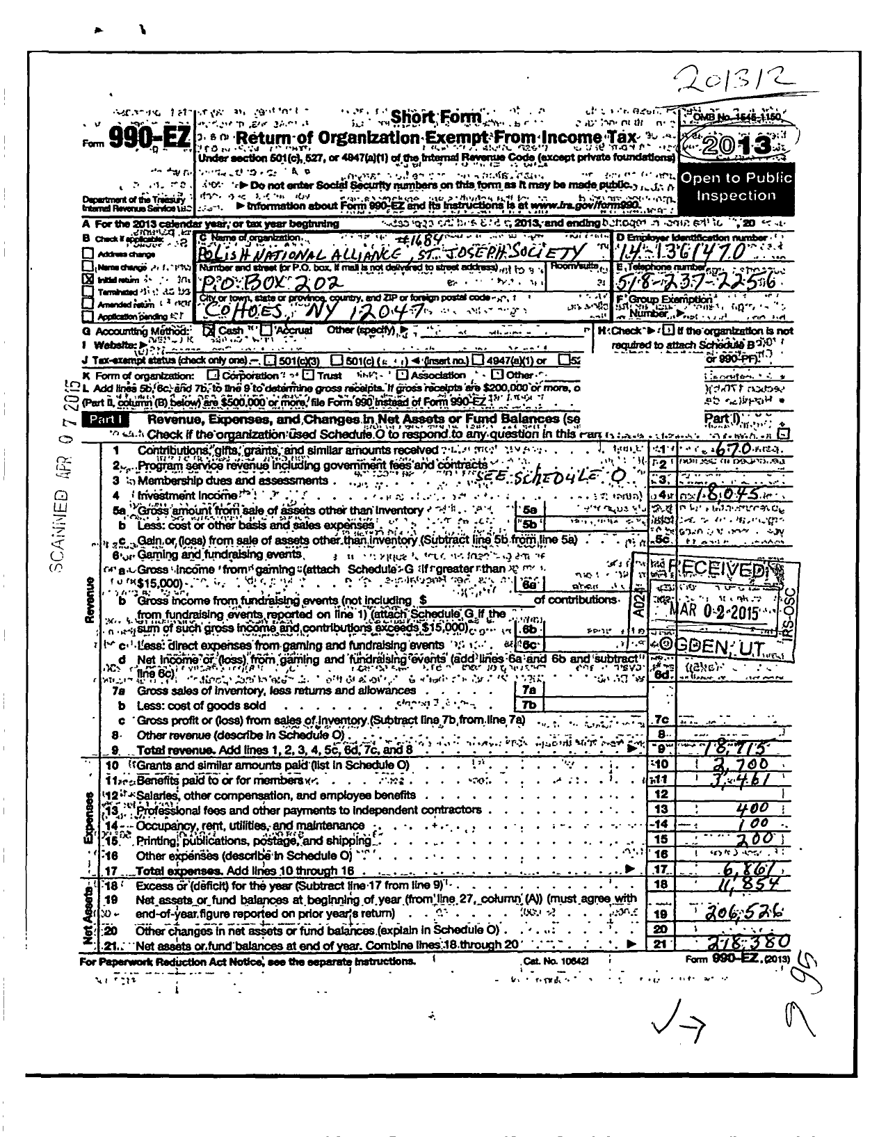 Image of first page of 2013 Form 990EO for Polish National Alliance - 1684 St Joseph Society