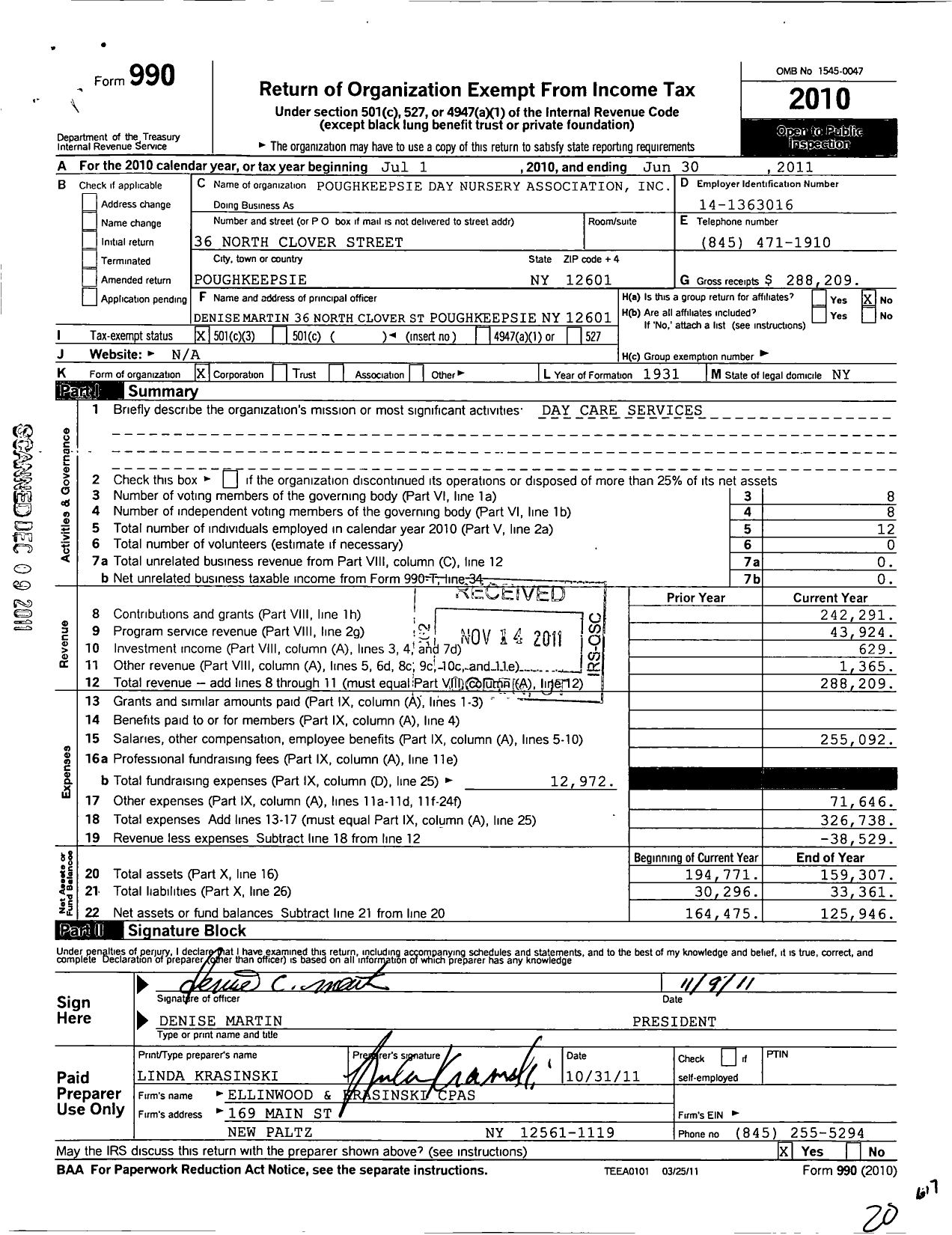 Image of first page of 2010 Form 990 for Poughkeepsie Day Nursery Association