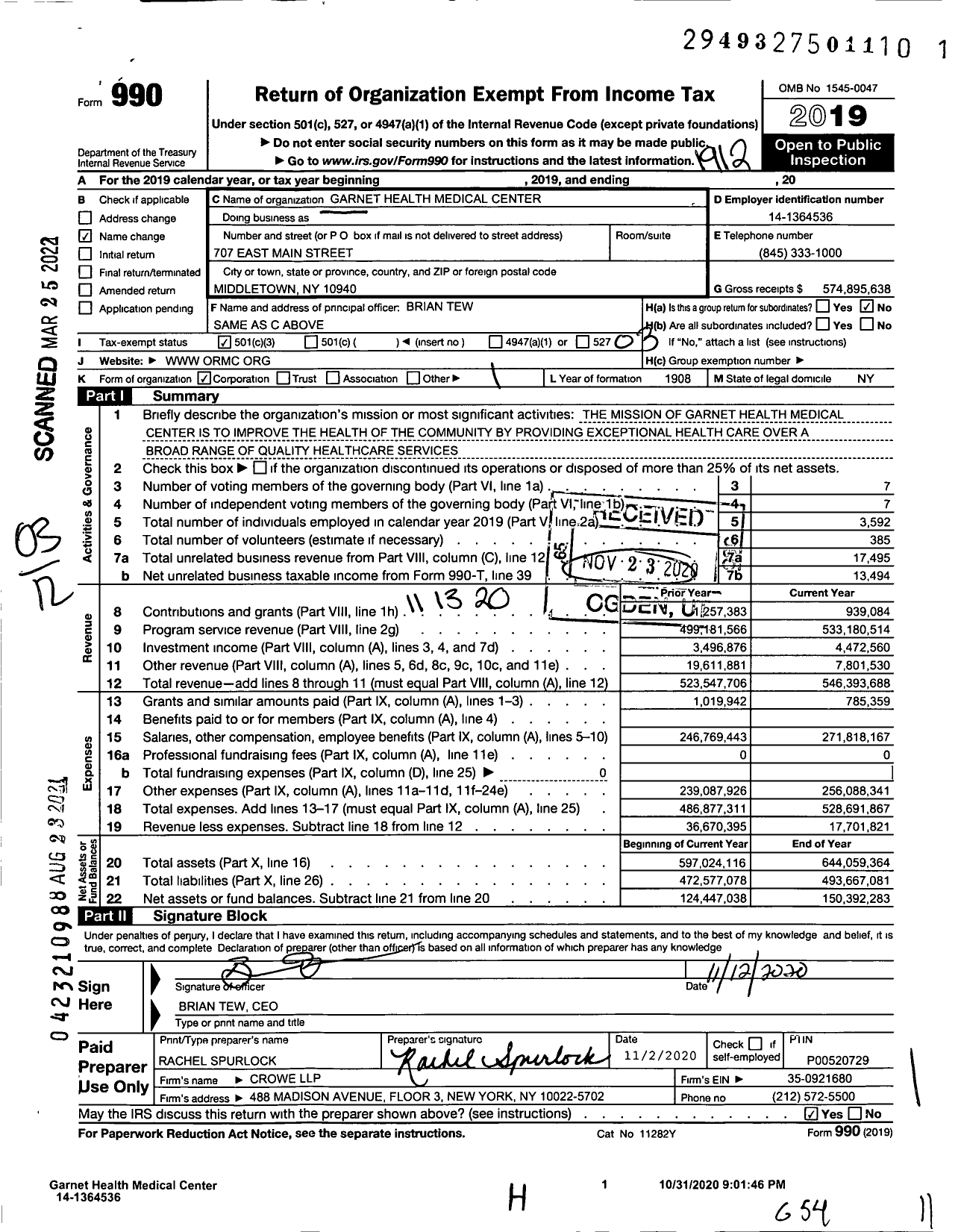 Image of first page of 2019 Form 990 for Garnet Health Medical Center (ORMC)