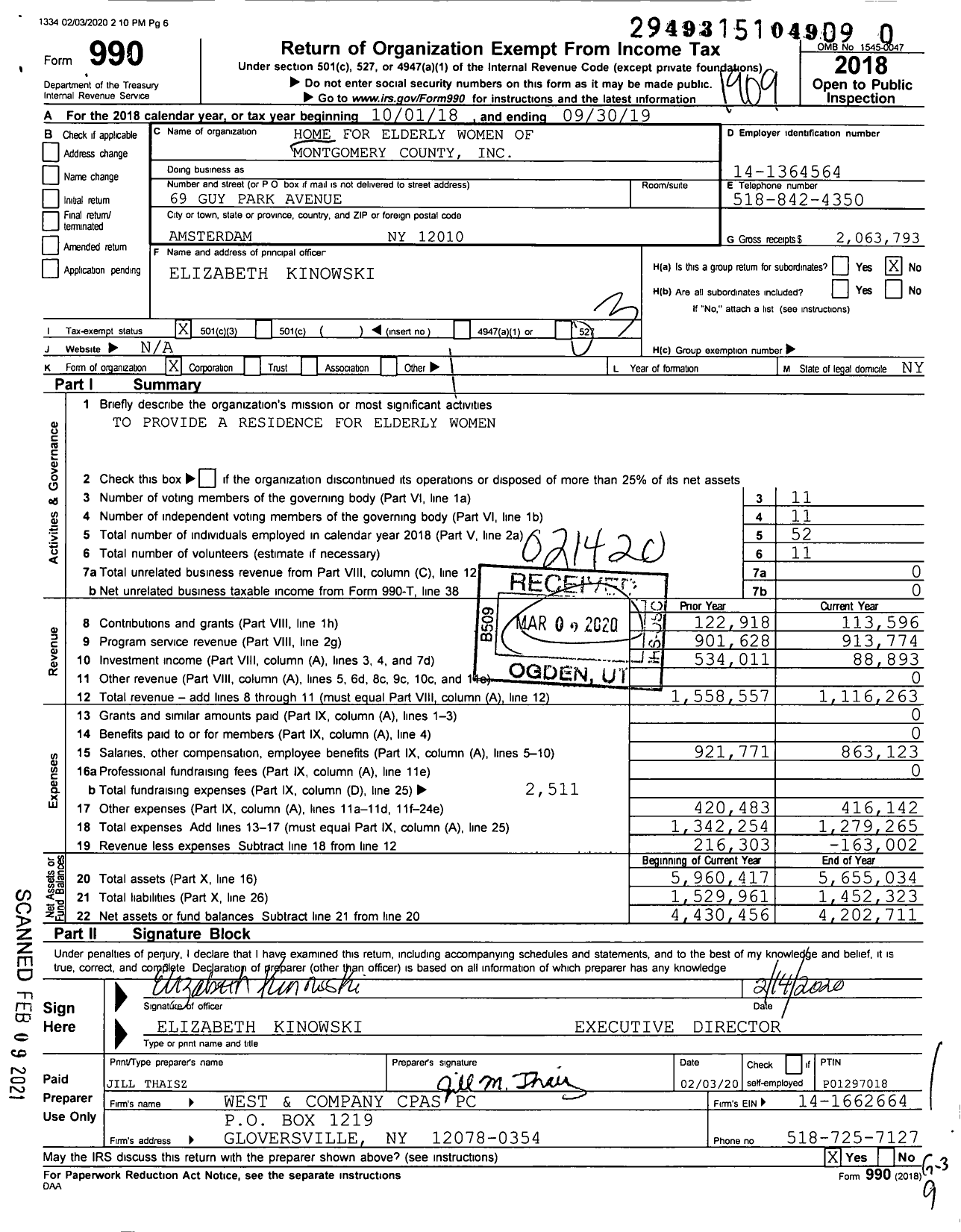 Image of first page of 2018 Form 990 for Home for Elderly Women of Montgomery County