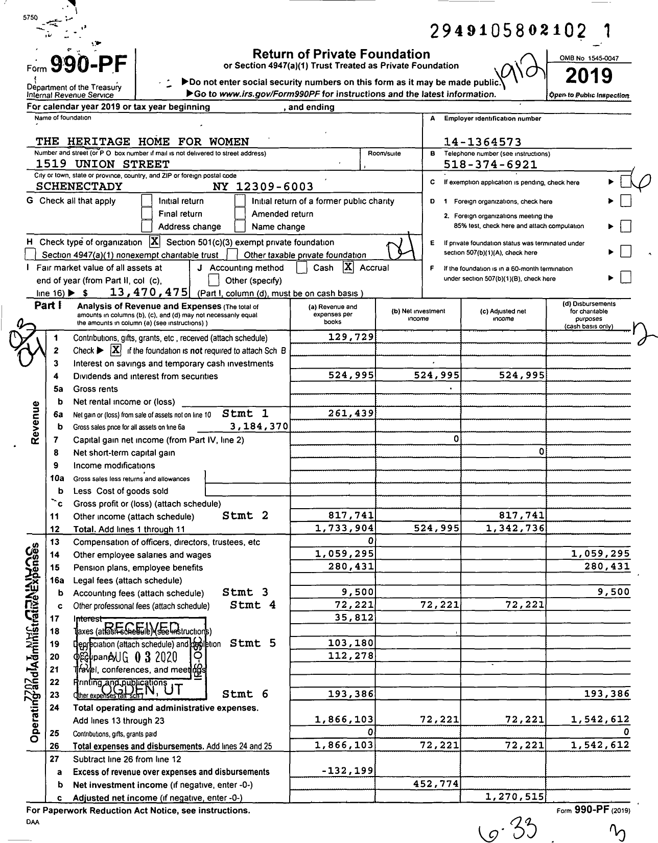 Image of first page of 2019 Form 990PF for The Heritage Home for Women