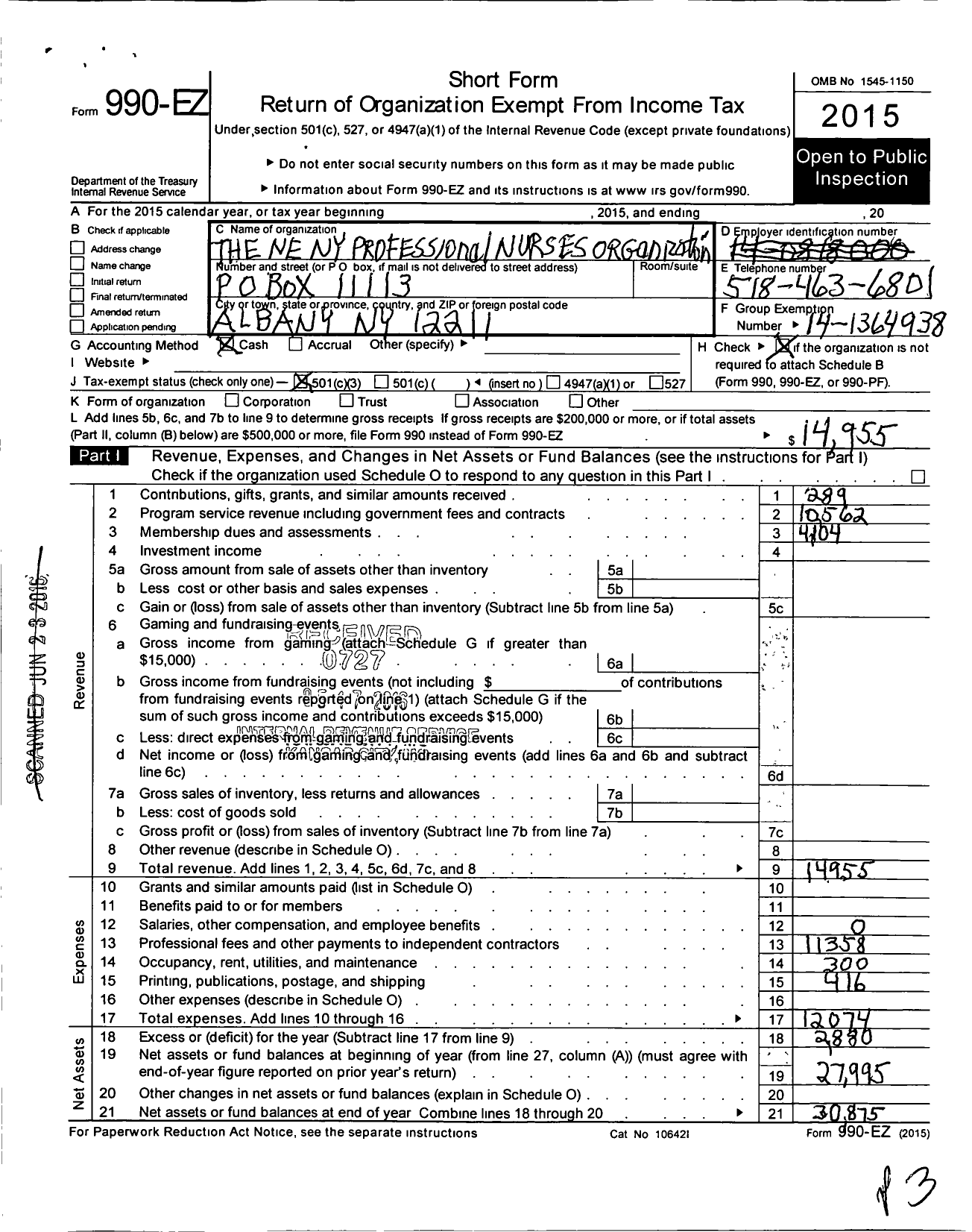 Image of first page of 2015 Form 990EZ for The Northeast New York Professional Nurses Organization