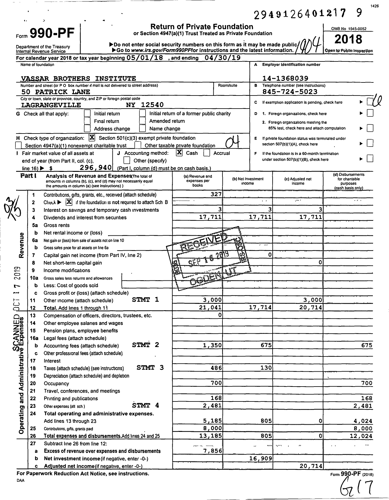 Image of first page of 2018 Form 990PF for Vassar Brothers Institute