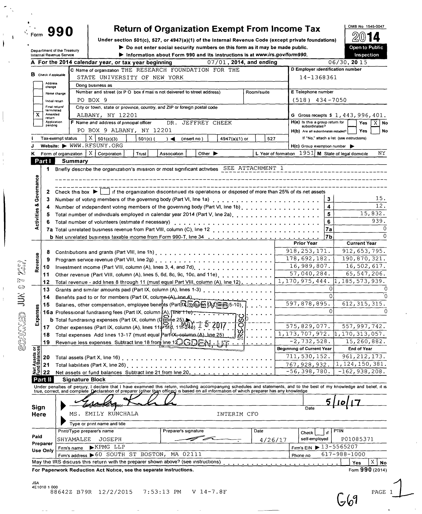 Image of first page of 2014 Form 990 for Research Foundation for the State University of New York (RFSUNY)