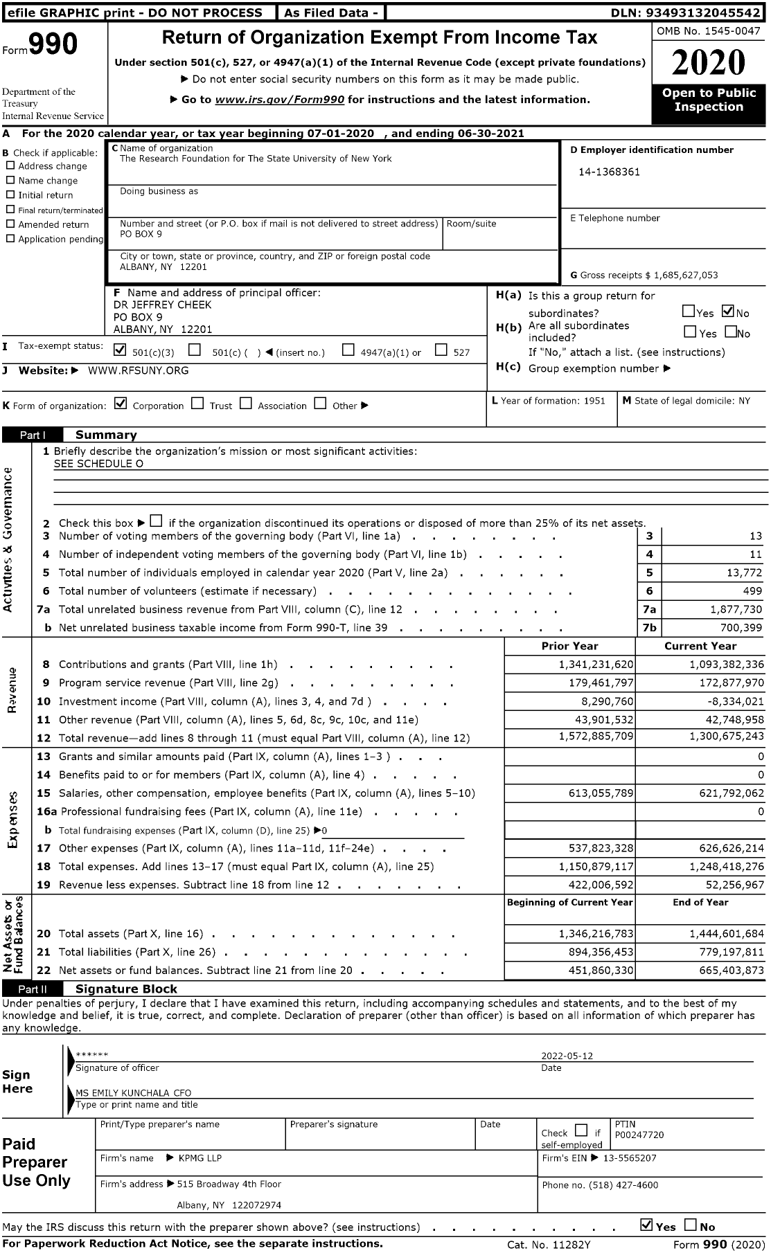 Image of first page of 2020 Form 990 for Research Foundation for the State University of New York (RFSUNY)