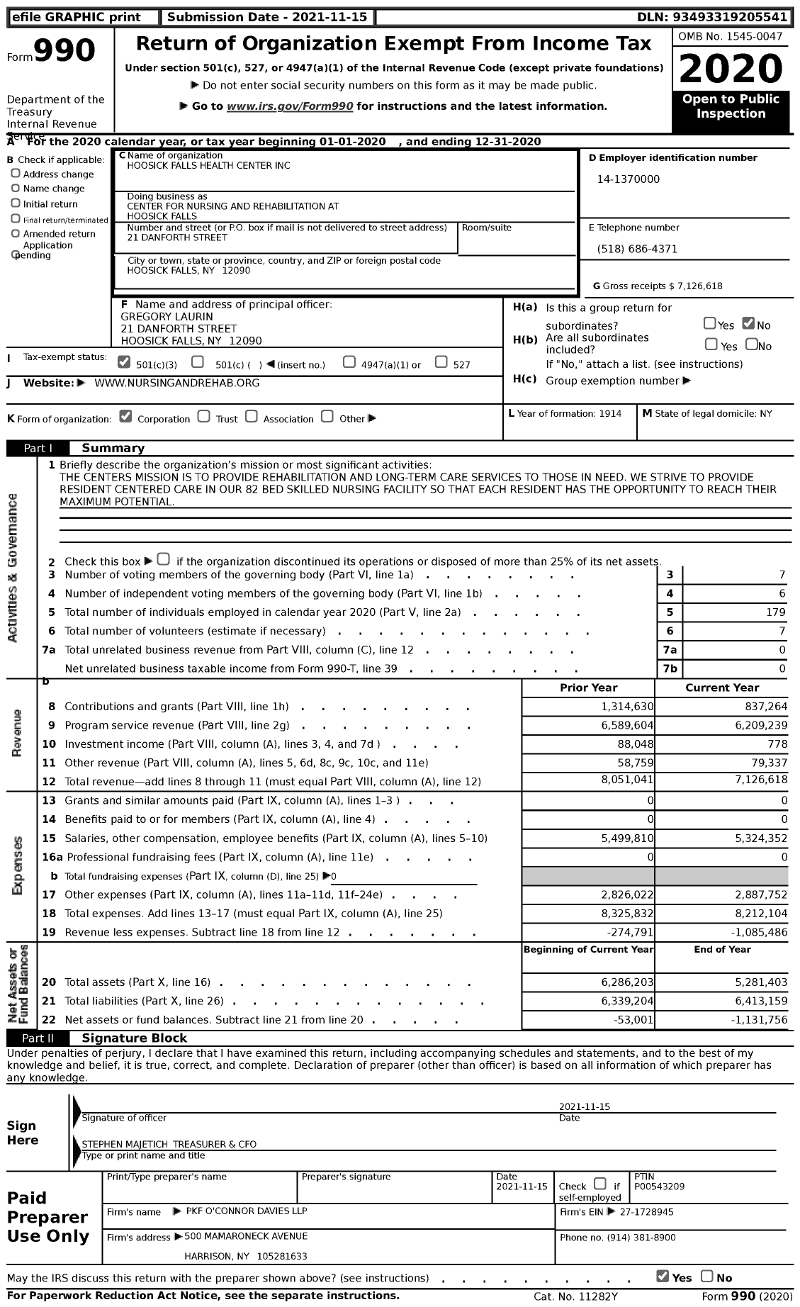 Image of first page of 2020 Form 990 for Center for Nursing and Rehabilitation at Hoosick Falls