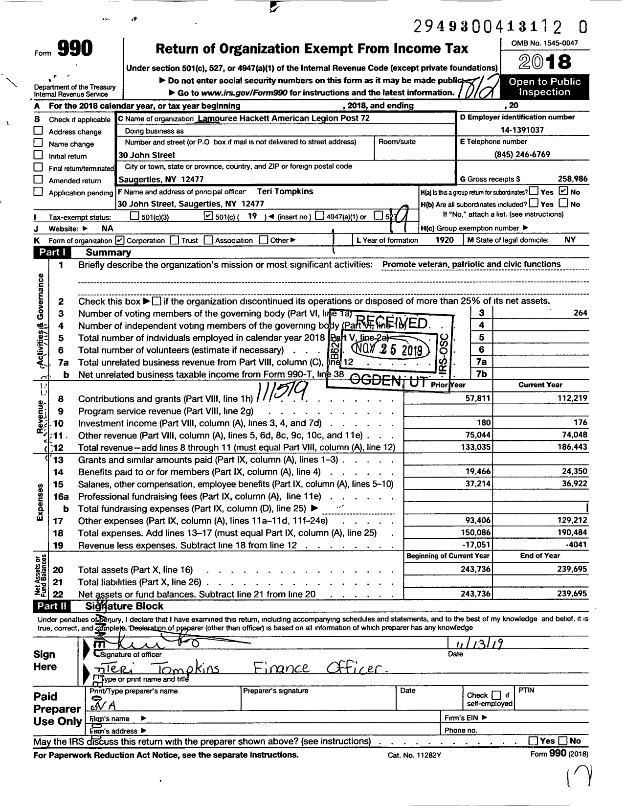 Image of first page of 2018 Form 990O for American Legion - 0072 Lamouree-Hackett