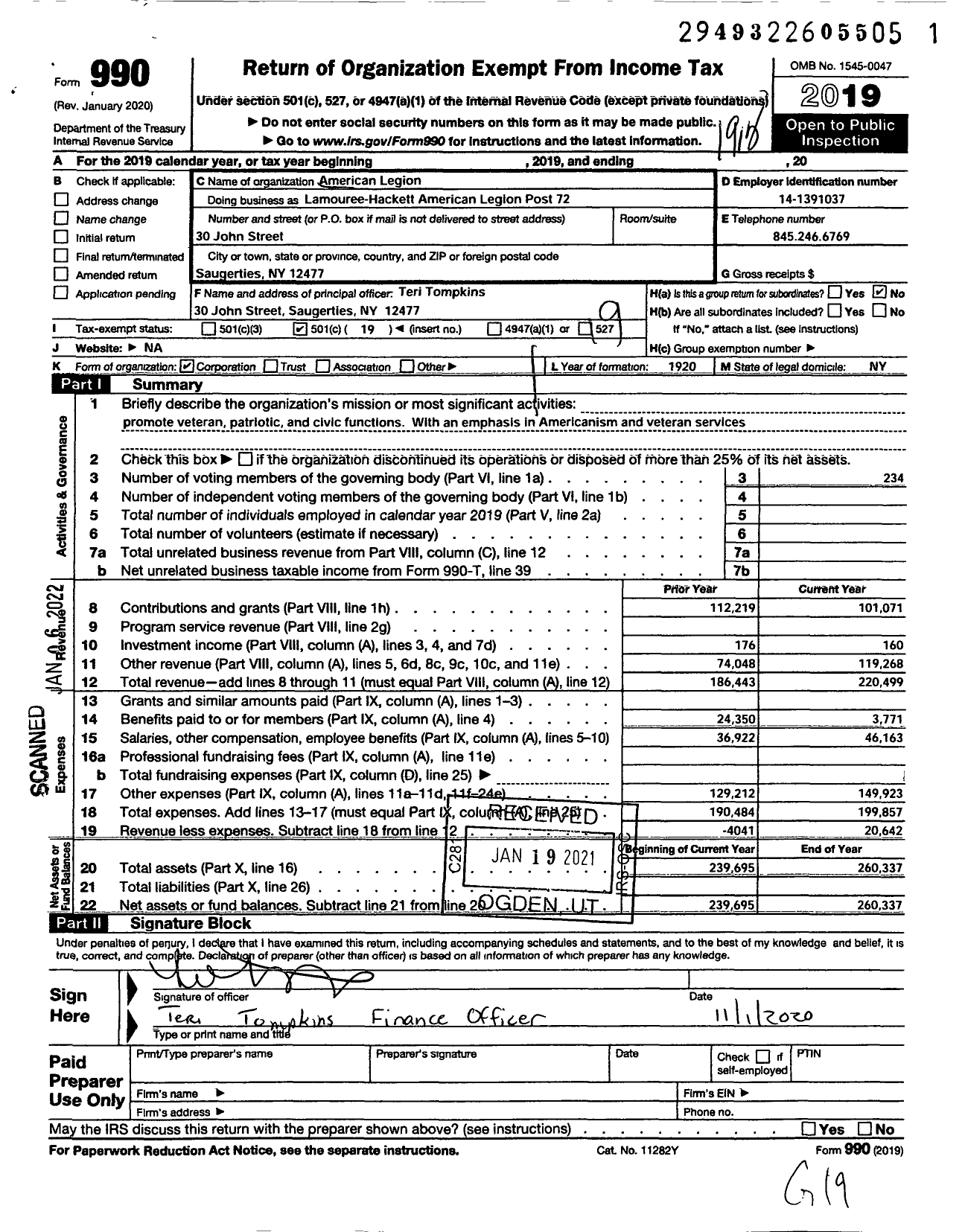 Image of first page of 2019 Form 990O for American Legion - 0072 Lamouree-Hackett