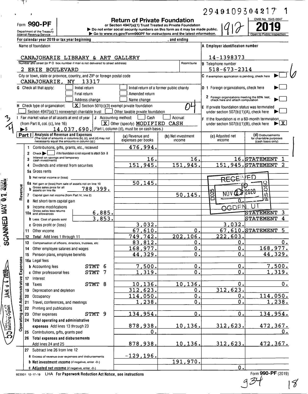 Image of first page of 2019 Form 990PF for Canajoharie Library and Art Gallery