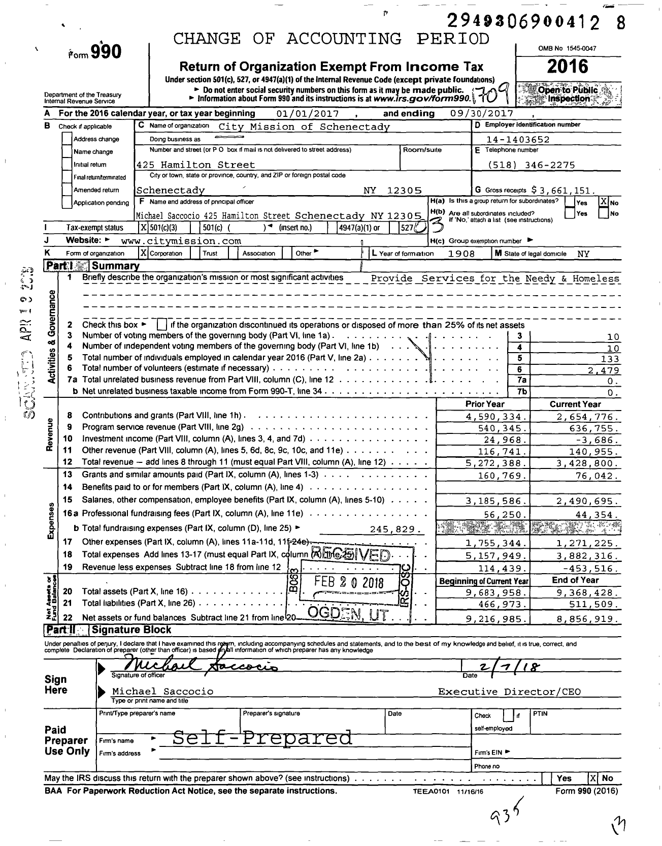 Image of first page of 2016 Form 990 for City Mission of Schenectady New York