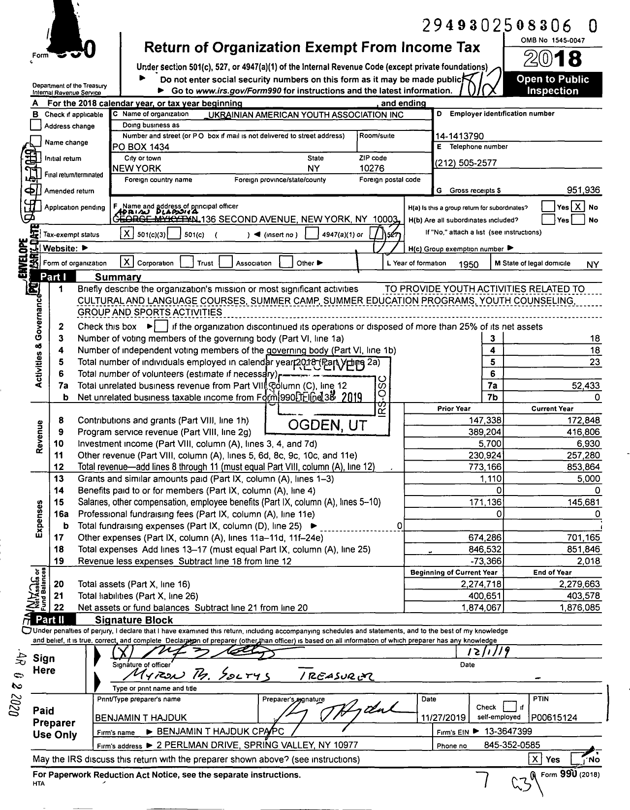 Image of first page of 2018 Form 990 for Ukrainian American Youth Association