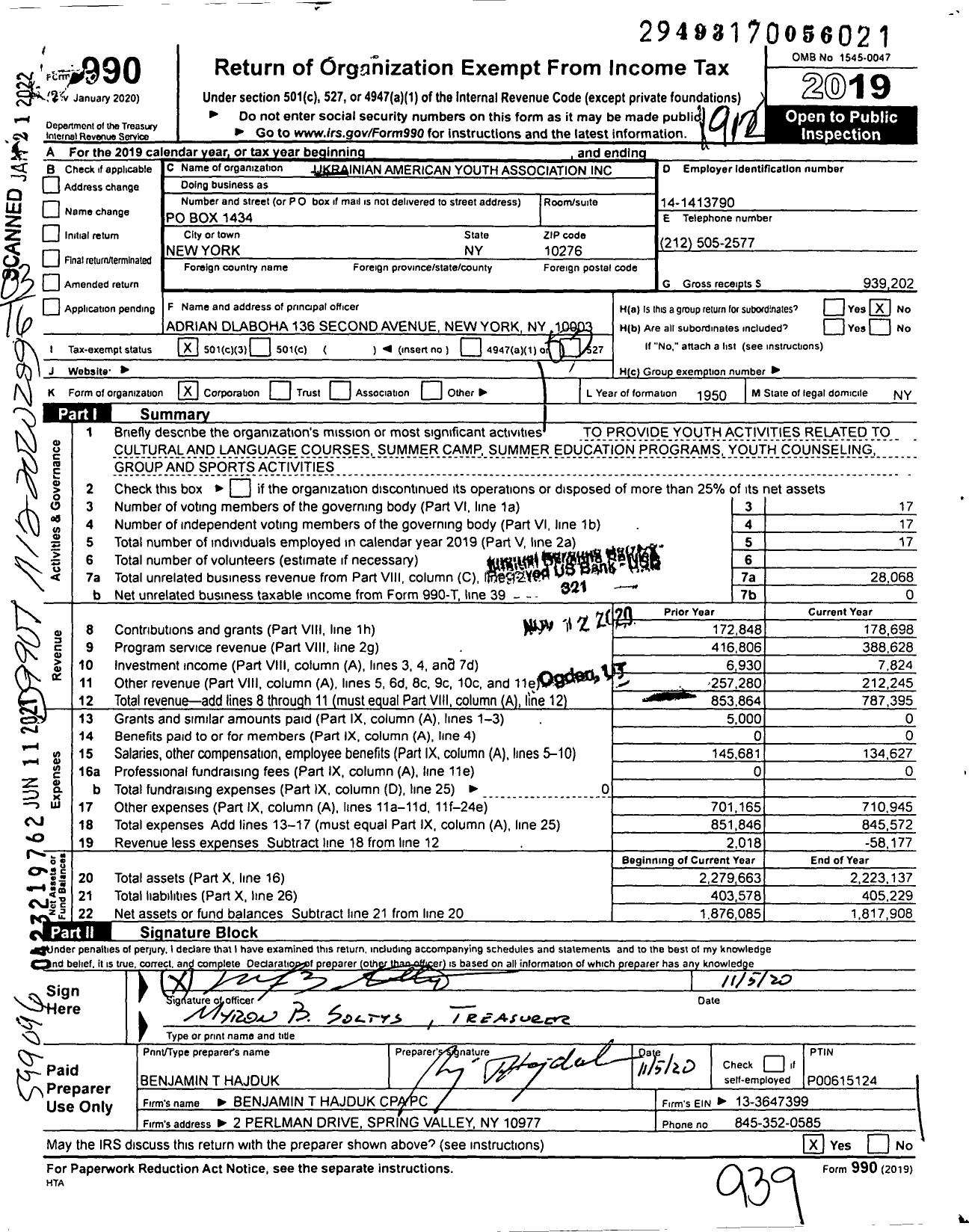 Image of first page of 2019 Form 990 for Ukrainian American Youth Association