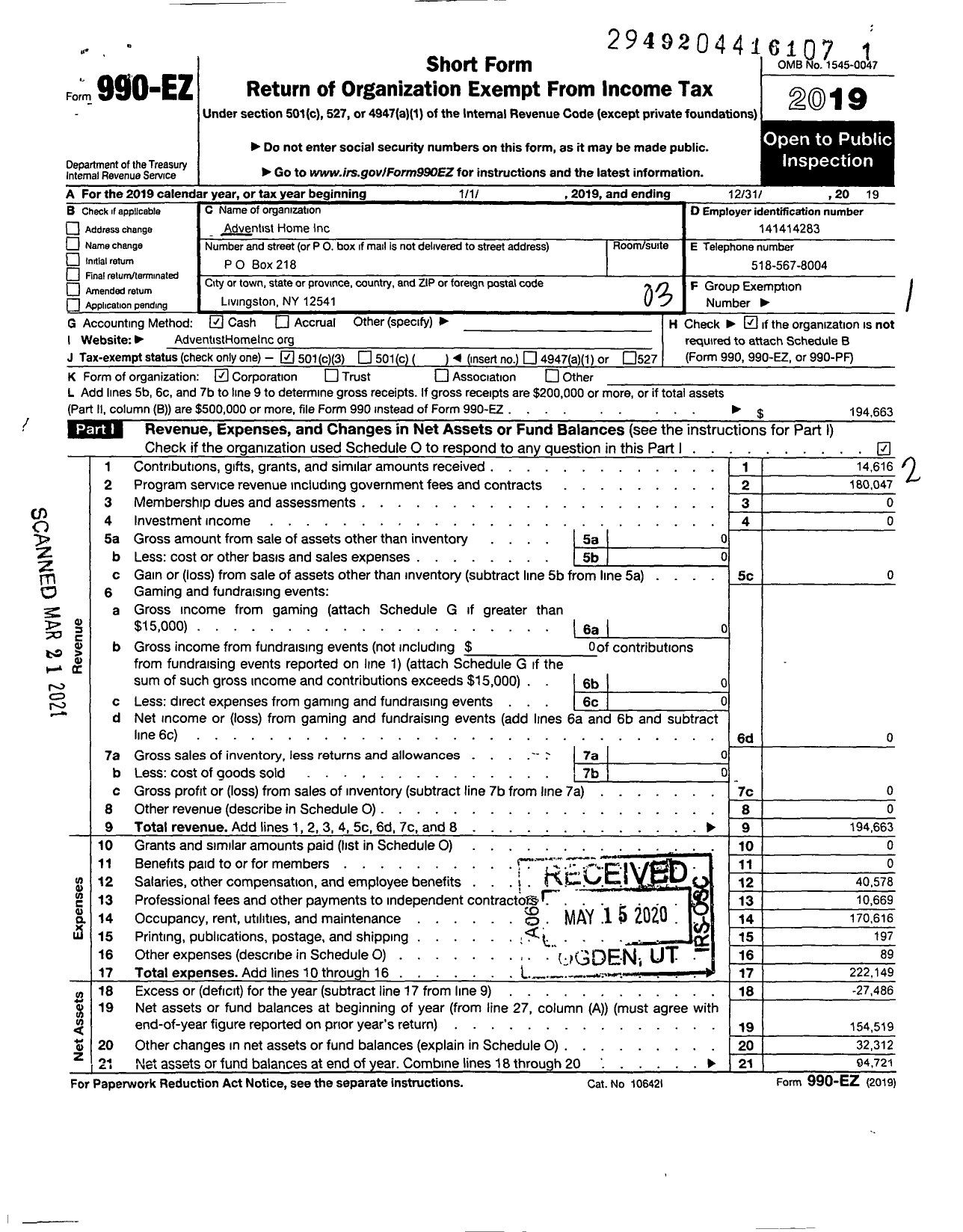 Image of first page of 2019 Form 990EZ for Adventist Homes