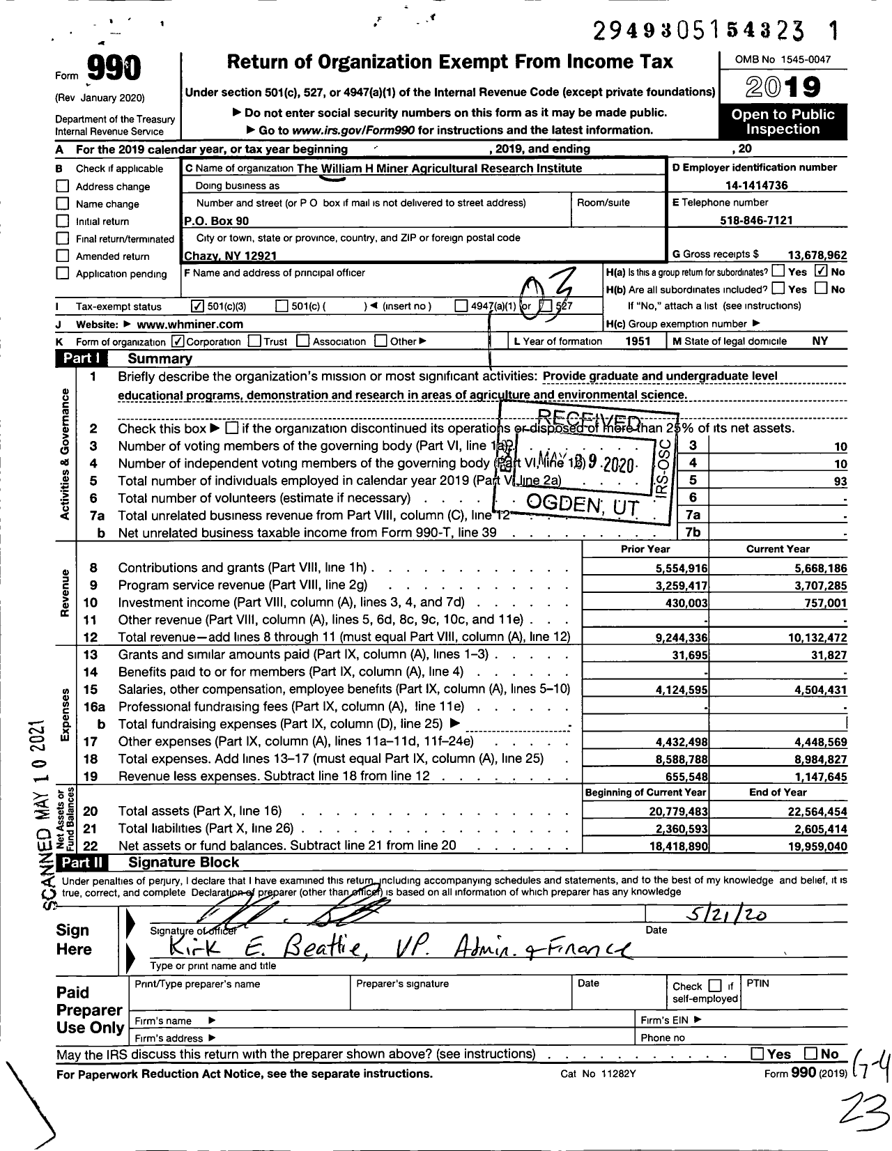 Image of first page of 2019 Form 990 for William H. Miner Agricultural Research Institute