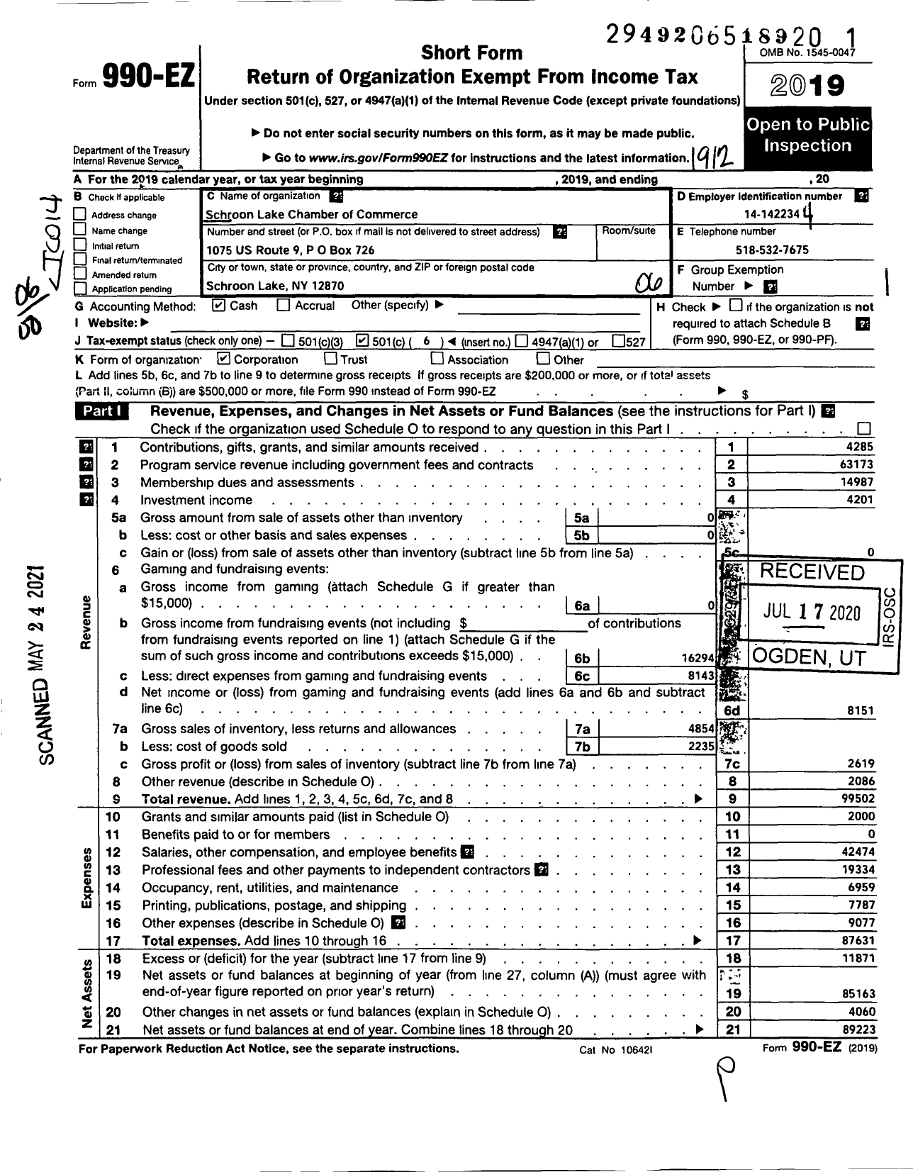 Image of first page of 2019 Form 990EO for Schroon Lake Chamber of Commerce