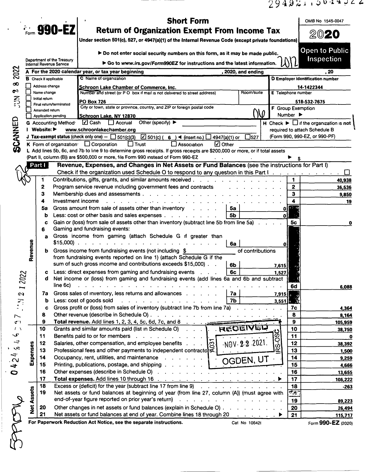 Image of first page of 2020 Form 990EO for Schroon Lake Chamber of Commerce