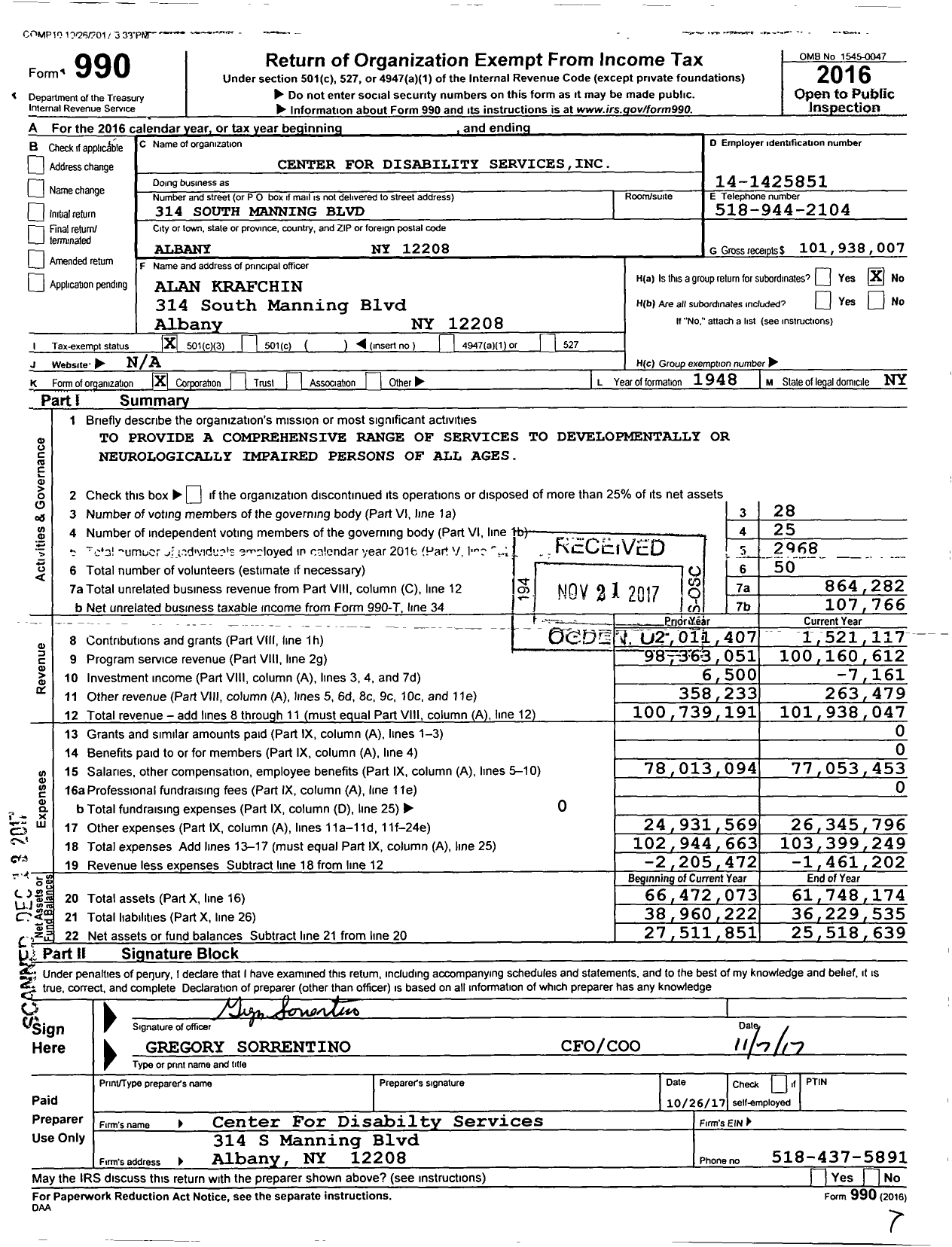 Image of first page of 2016 Form 990 for Center for Disability Services